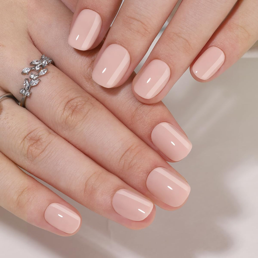 Hrnsnails Nude Press On Nails – Short Square Gel Kit (32 Pieces, Glue & Tools)