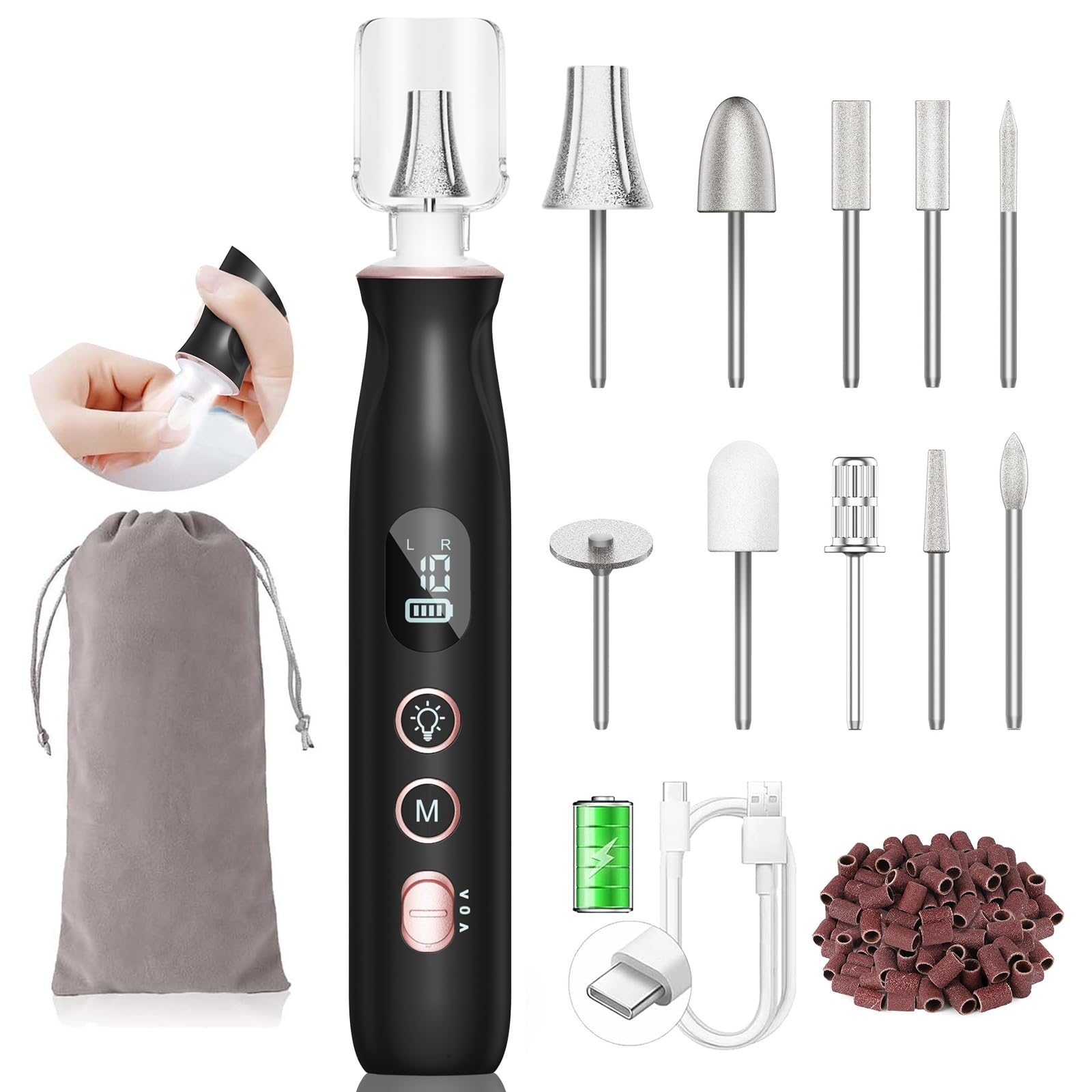 HSKAI Electric Nail File Drill with LCD & Lamp – Cordless Nail Drill, 10 Speeds, 46-Piece Set