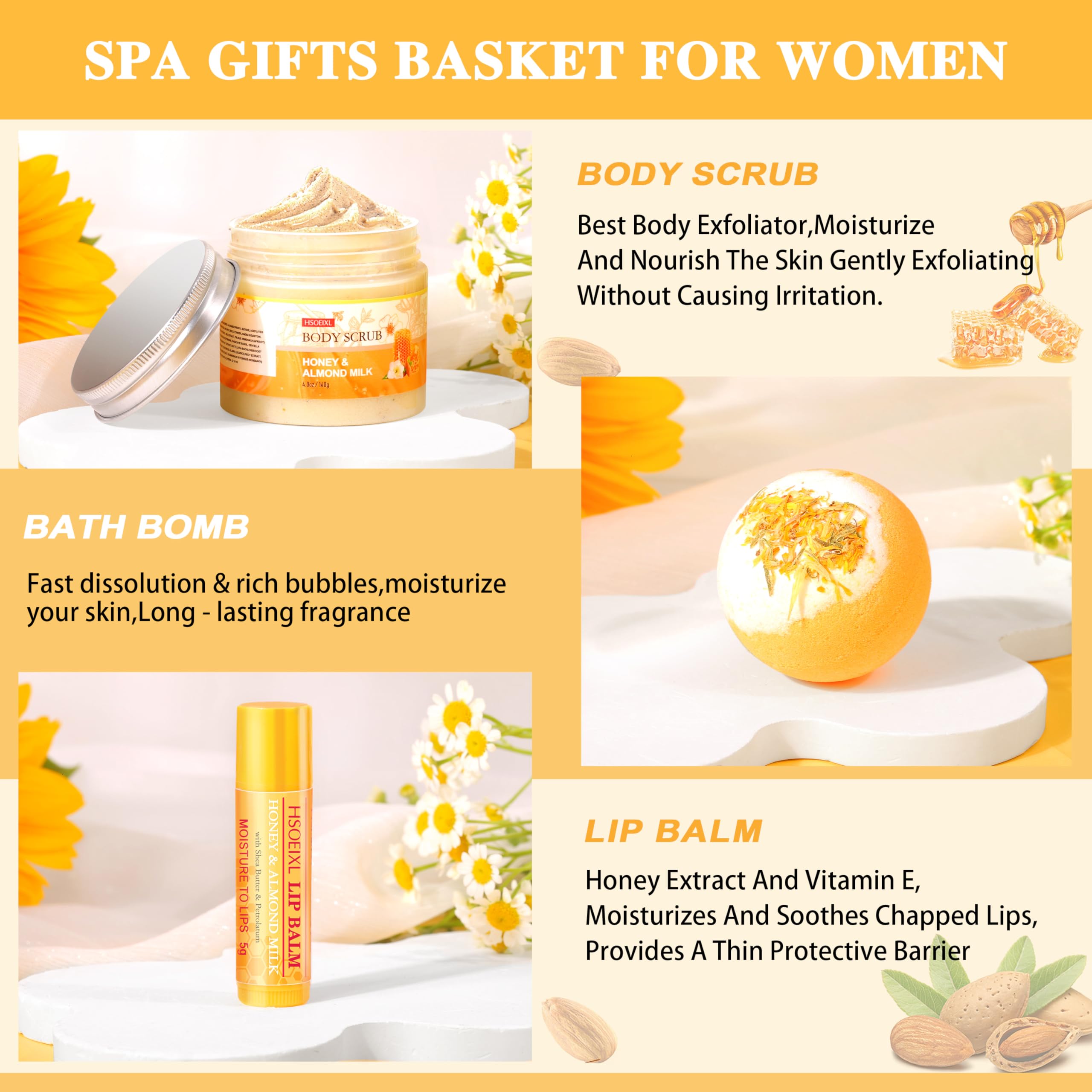 HSOEIXL 9-Piece Almond Milk & Honey Bath & Spa Gift Set – Gifts for Women
