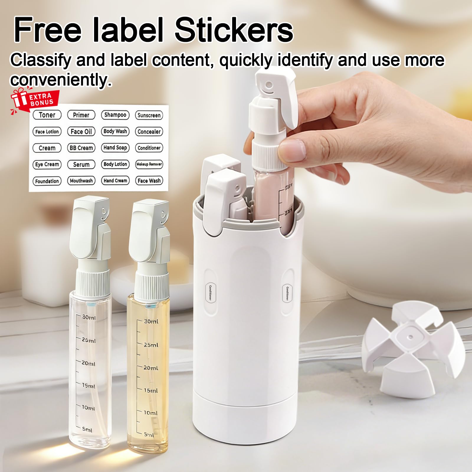 HSXCCL 4 in 1 Travel Dispenser Bottles – Refillable, No-Spill, Space-Saving Travel Kit (White)