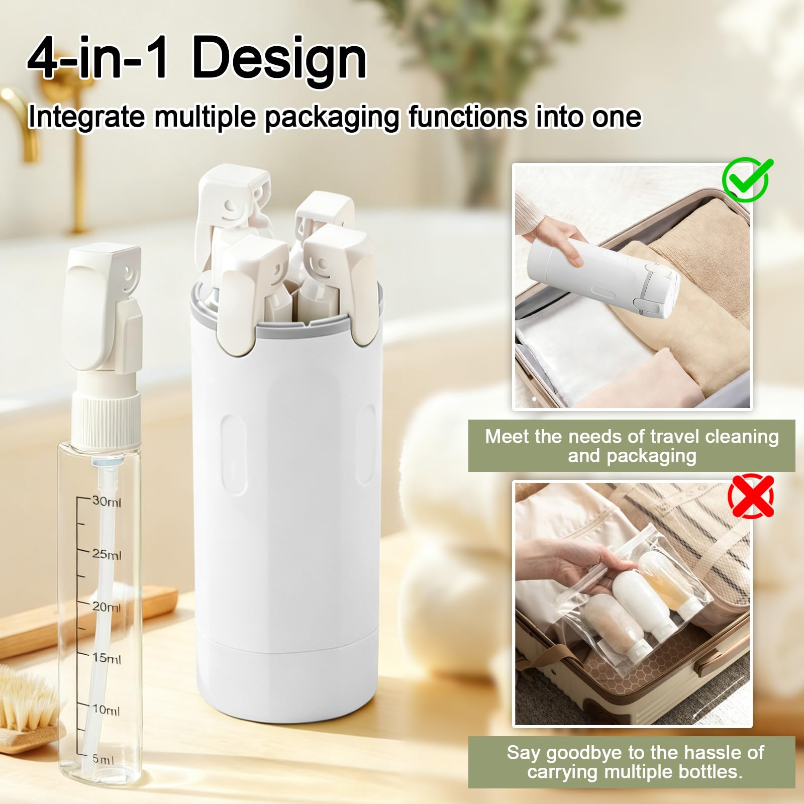 HSXCCL 4 in 1 Travel Dispenser Bottles – Refillable, No-Spill, Space-Saving Travel Kit (White)