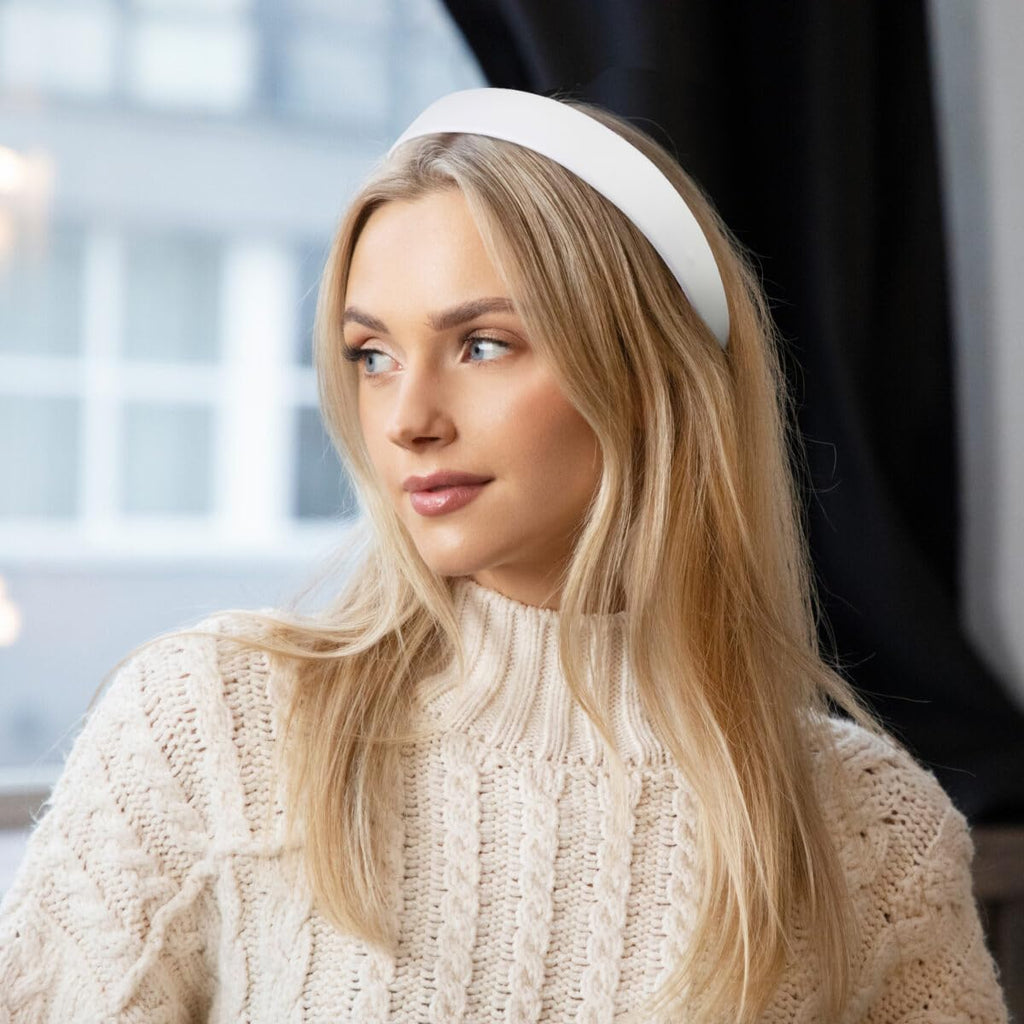 Huachi White Faux Leather Headband for Women – 1-Inch Thin Hair Band
