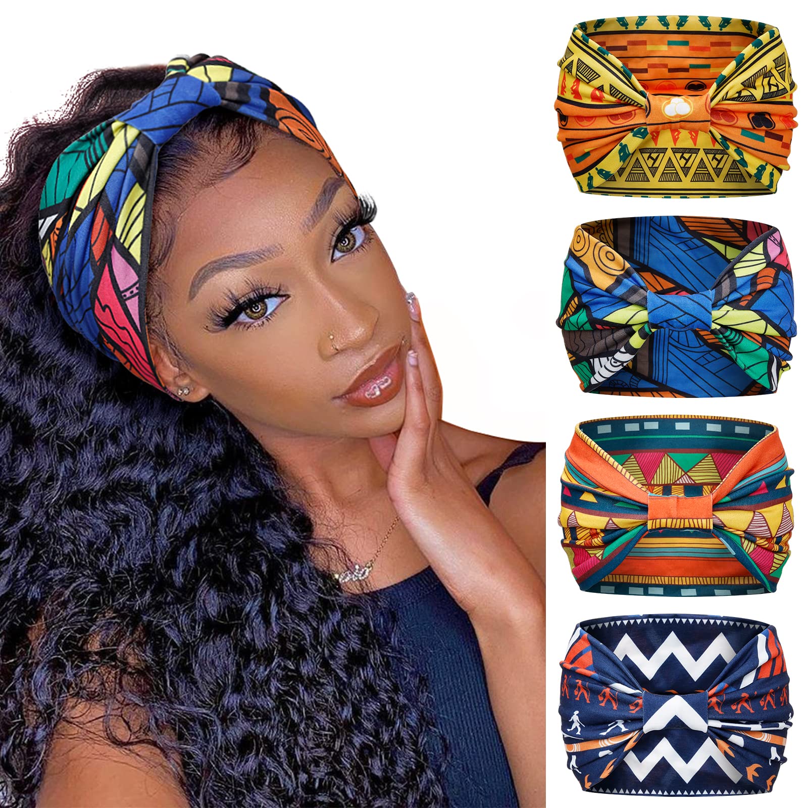 Huachi Wide Headbands for Women – Boho Knotted Non-Slip Headwraps (Pack of 4)