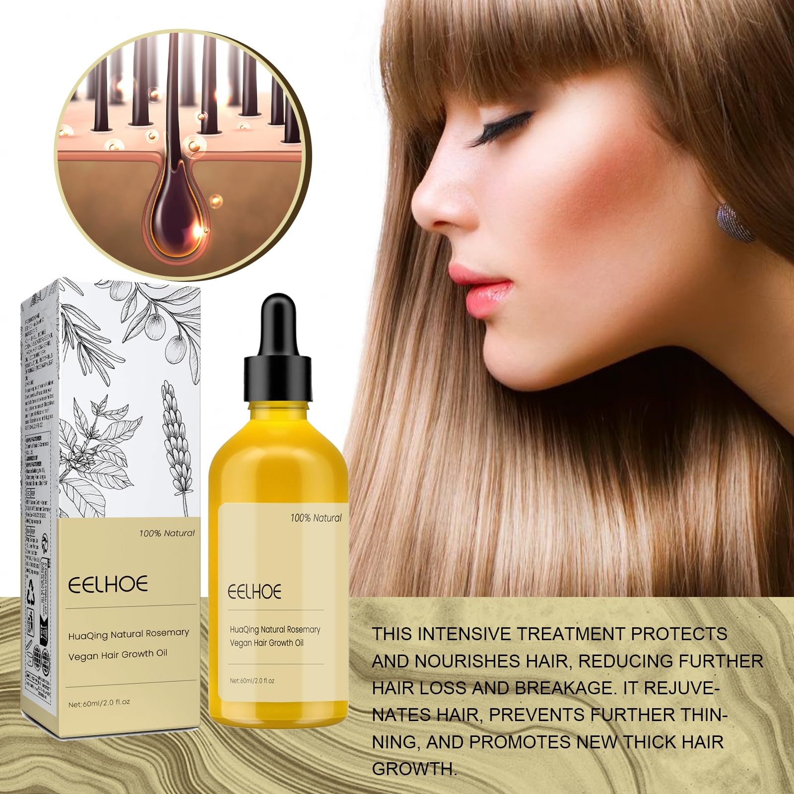 HuaQing Eelhoe Rosemary Oil 120 ml – Natural Hair Growth Oil for Dry, Damaged & Thinning Hair (2-Pack)
