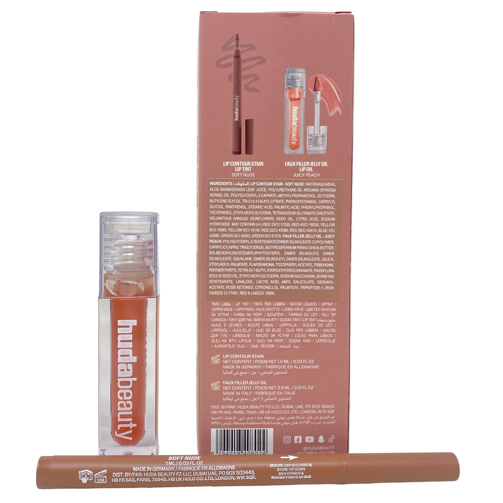Huda Beauty Make Out Sesh Lip Duo – Limited Edition Lip Contour Stain + Faux Filler Jelly Oil (Peachy Nudes)