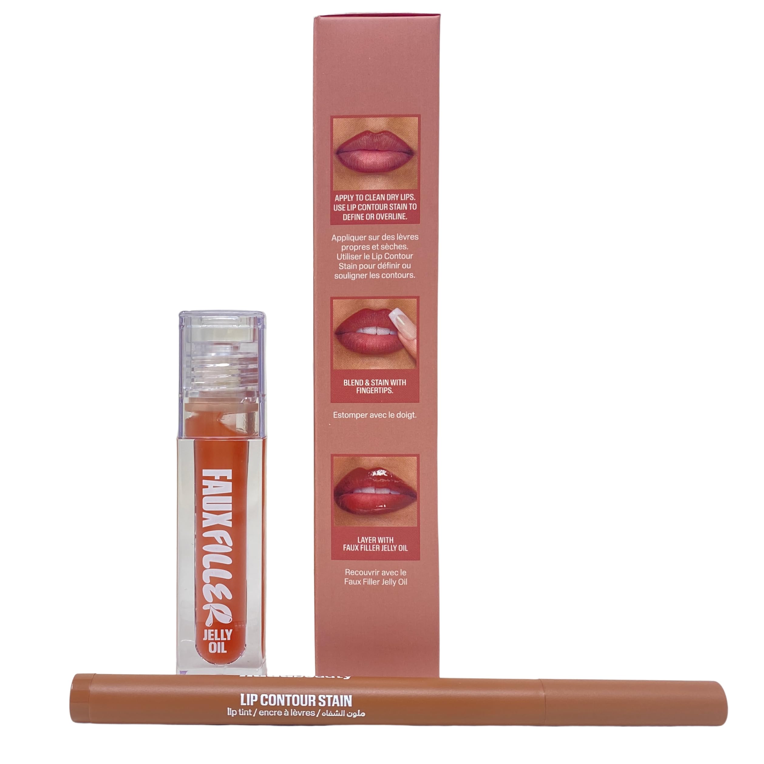 Huda Beauty Make Out Sesh Lip Duo – Limited Edition Lip Contour Stain + Faux Filler Jelly Oil (Peachy Nudes)
