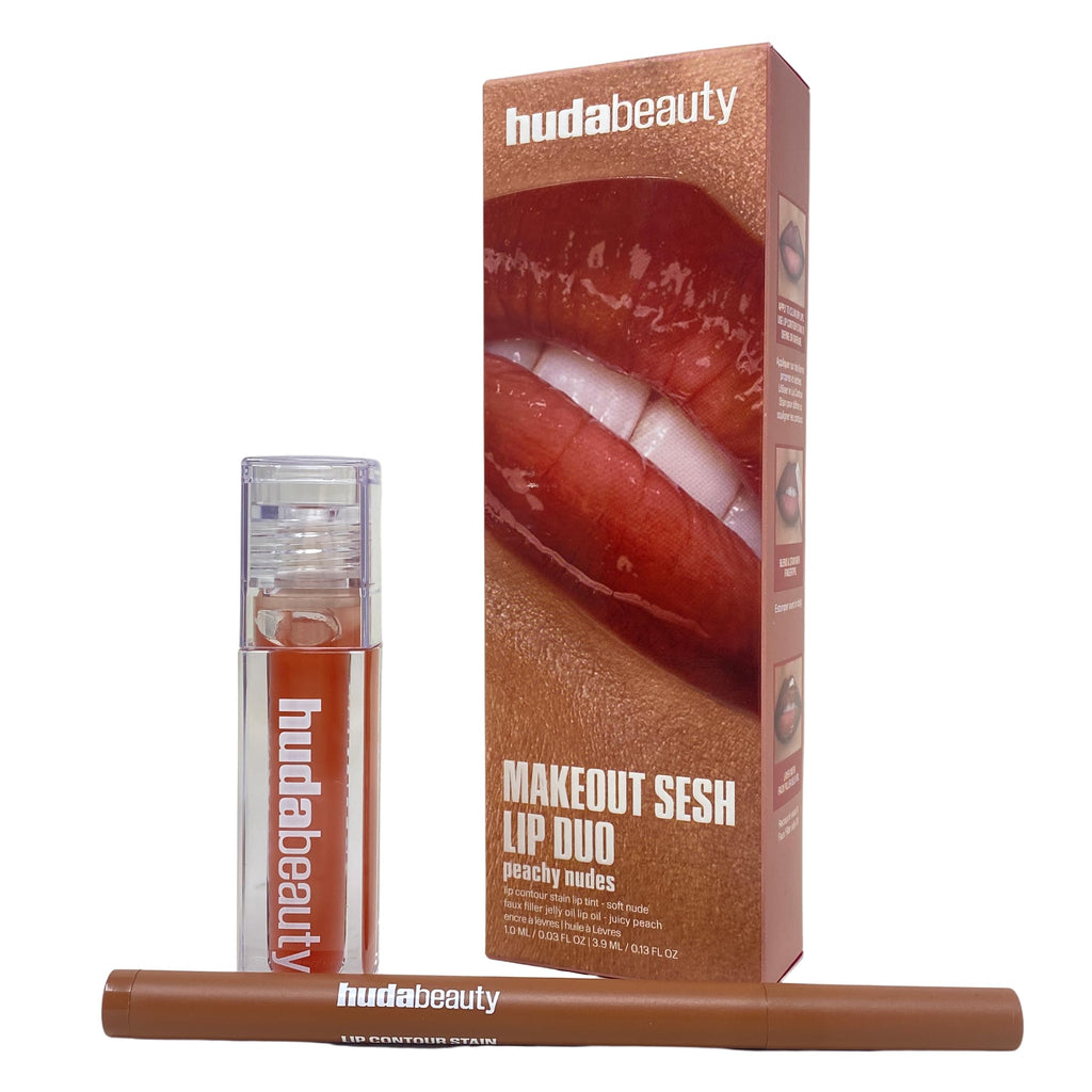 Huda Beauty Make Out Sesh Lip Duo – Limited Edition Lip Contour Stain + Faux Filler Jelly Oil (Peachy Nudes)