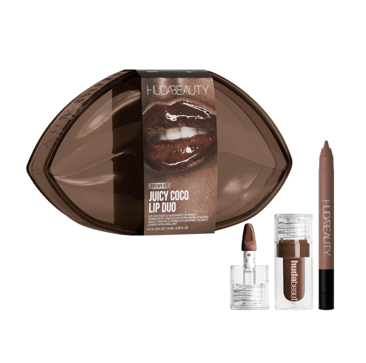 HUDA BEAUTY Juicy Coco Lip Duo – Mini Lip Contour 2.0 Terracotta + Faux Filler Gloss (Travel Size)