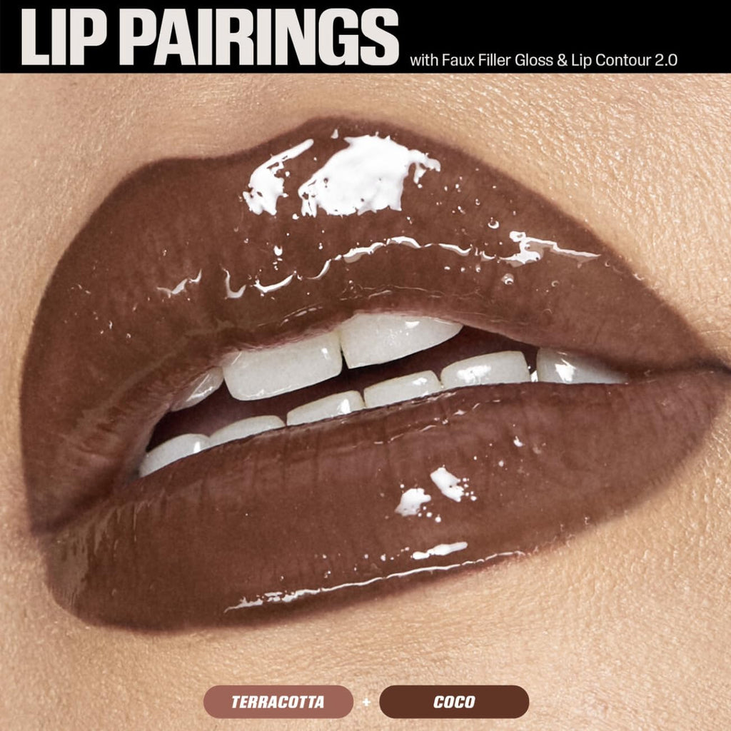 HUDA BEAUTY Juicy Coco Lip Duo – Mini Lip Contour 2.0 Terracotta + Faux Filler Gloss (Travel Size)