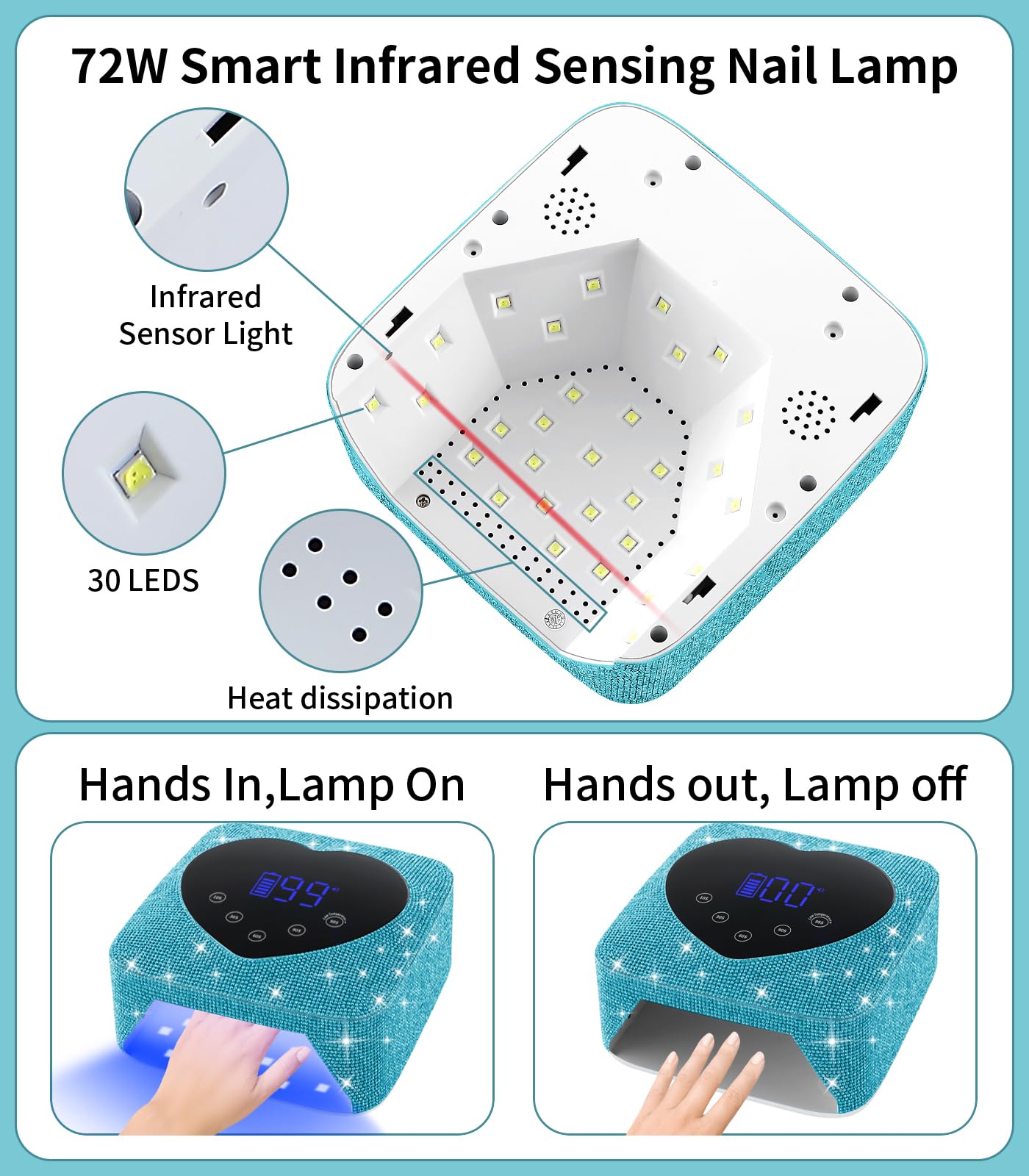 HUGMAPLE UV Nail Lamp 72W – Rechargeable Cordless Diamond LED Dryer, 5 Timer Settings