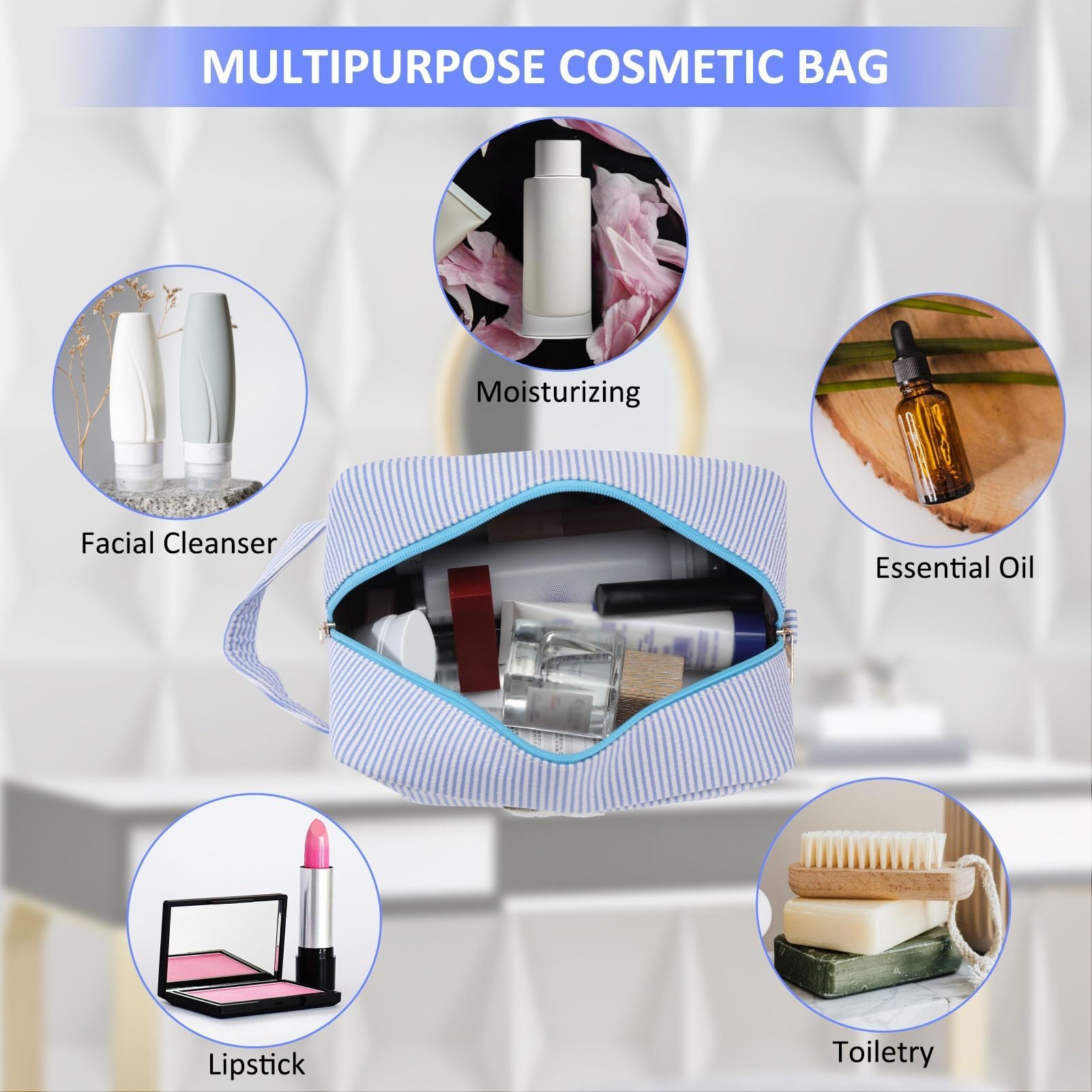 Huifen Personalized Initial Makeup Bag A-Z | Blue Stripe Travel Toiletry Bag