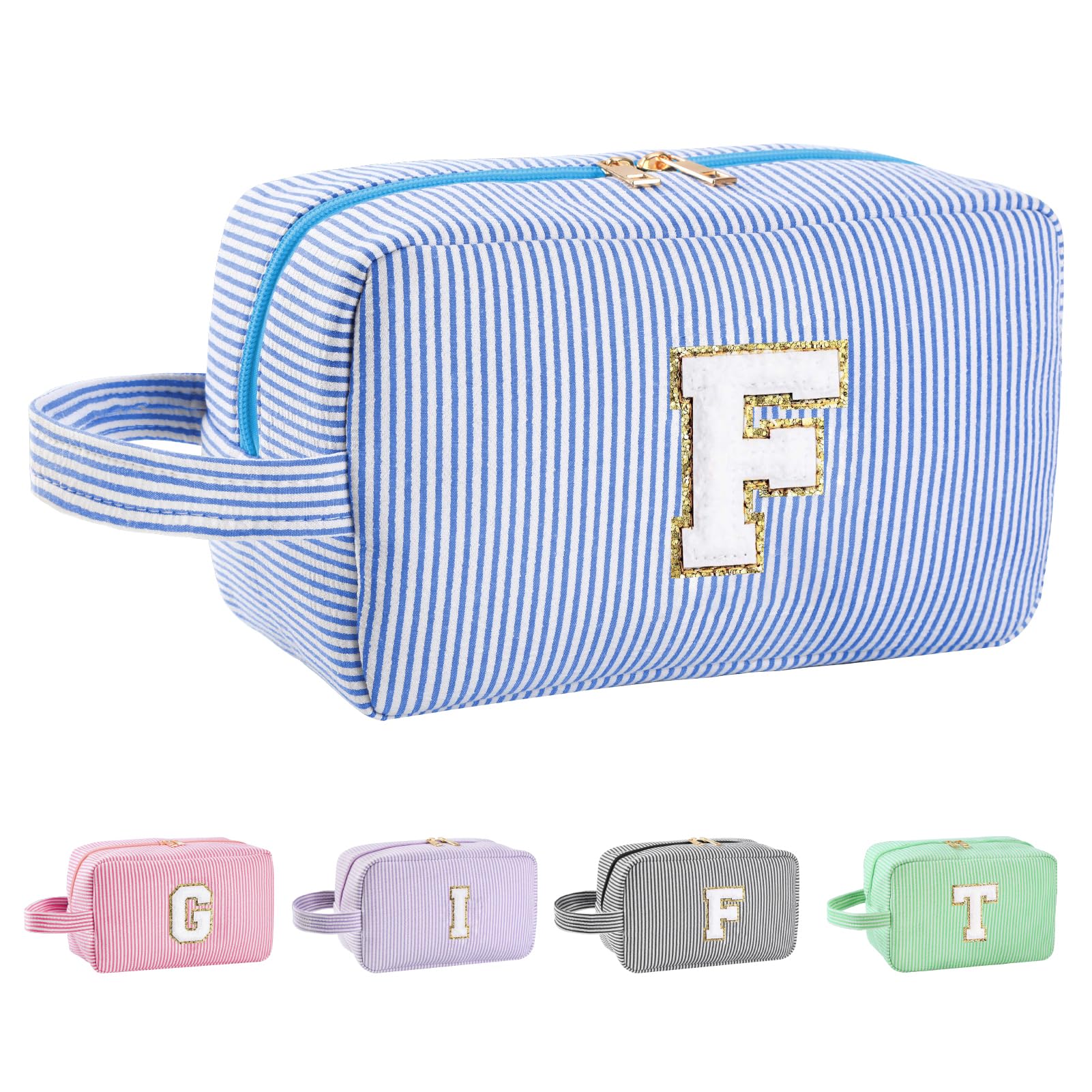 Huifen Initial Makeup Bag – Personalized A-Z Travel Cosmetic Bag for Women & Teens (Blue)