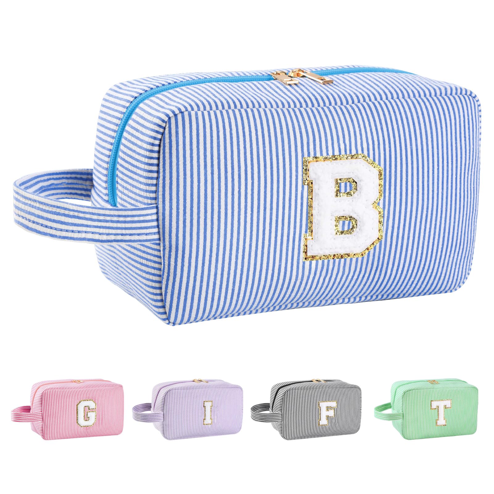 Huifen Personalized Initial Makeup Bag – A-Z Monogram Travel Cosmetic Bag (Blue)