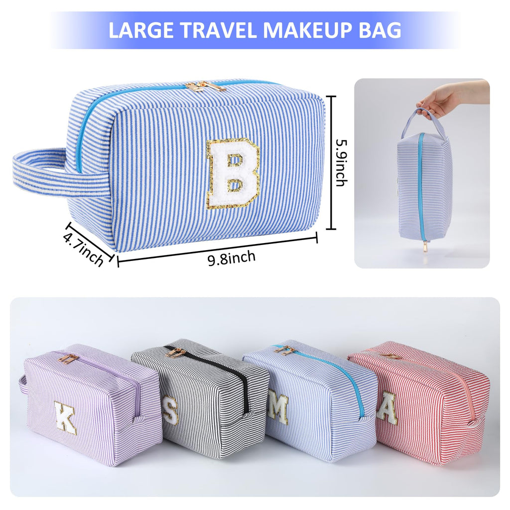 Huifen Personalized Initial Makeup Bag A-Z | Blue Stripe Travel Toiletry Bag