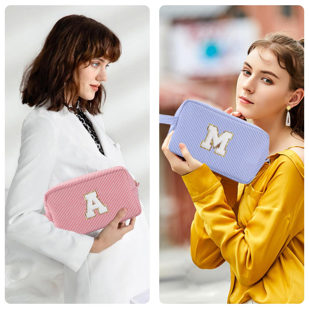 Huifen Personalized Initial Makeup Bag A-Z | Blue Stripe Travel Toiletry Bag