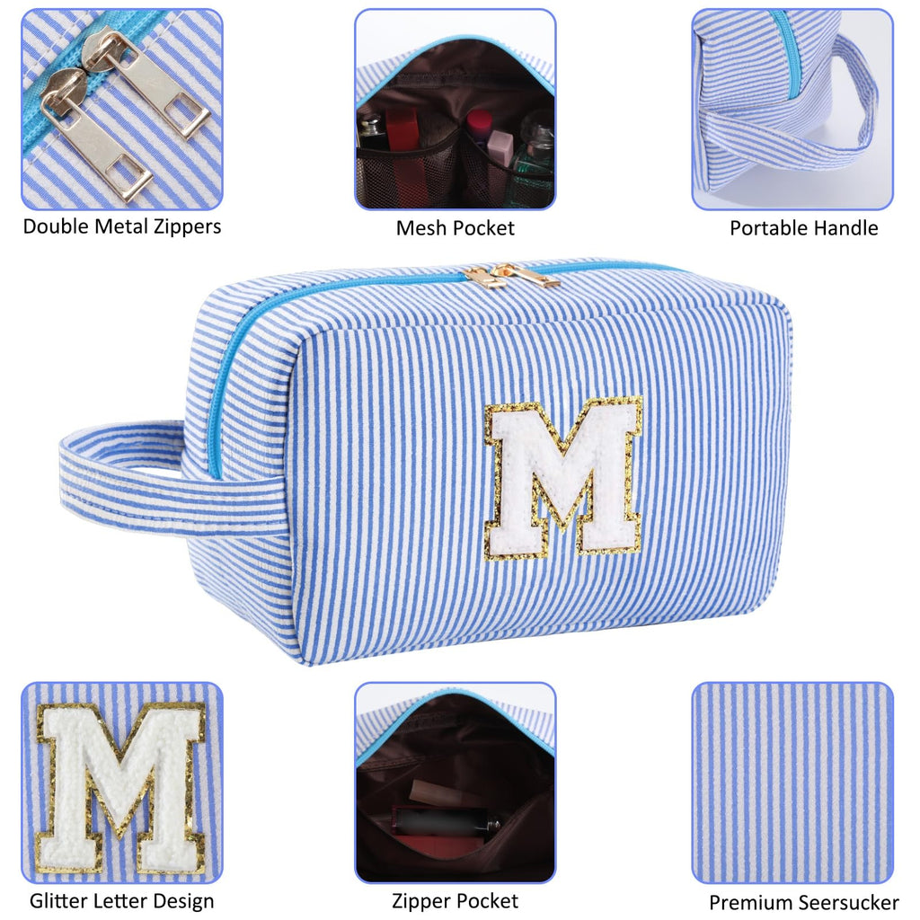 Huifen Initial Makeup Bag – Personalized A-Z Travel Cosmetic Bag for Women & Teens (Blue)