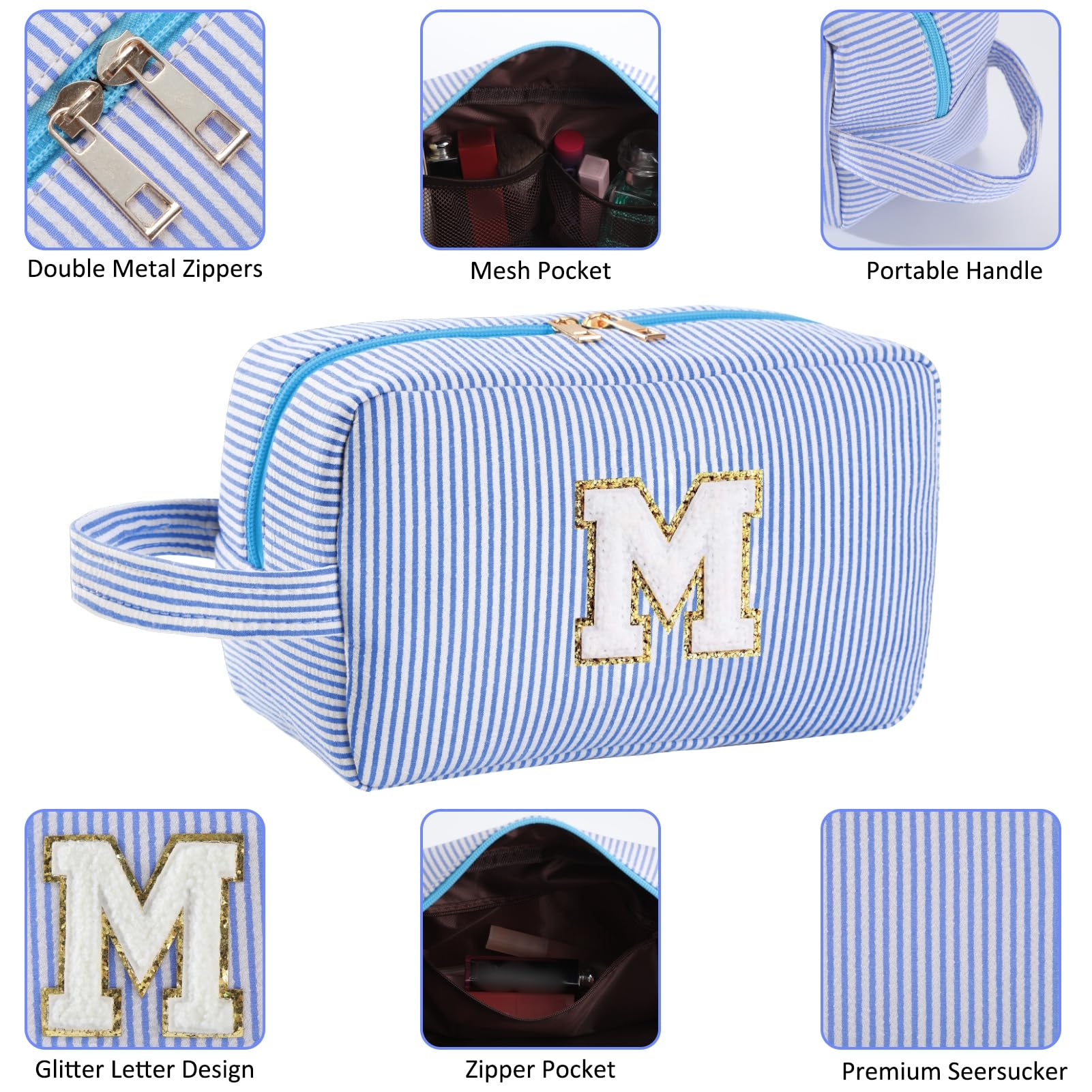 Huifen Personalized Initial Makeup Bag – A-Z Monogram Travel Cosmetic Bag (Blue)