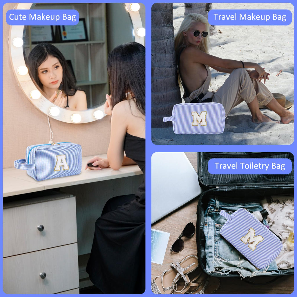 Huifen Personalized Initial Makeup Bag A-Z | Blue Stripe Travel Toiletry Bag