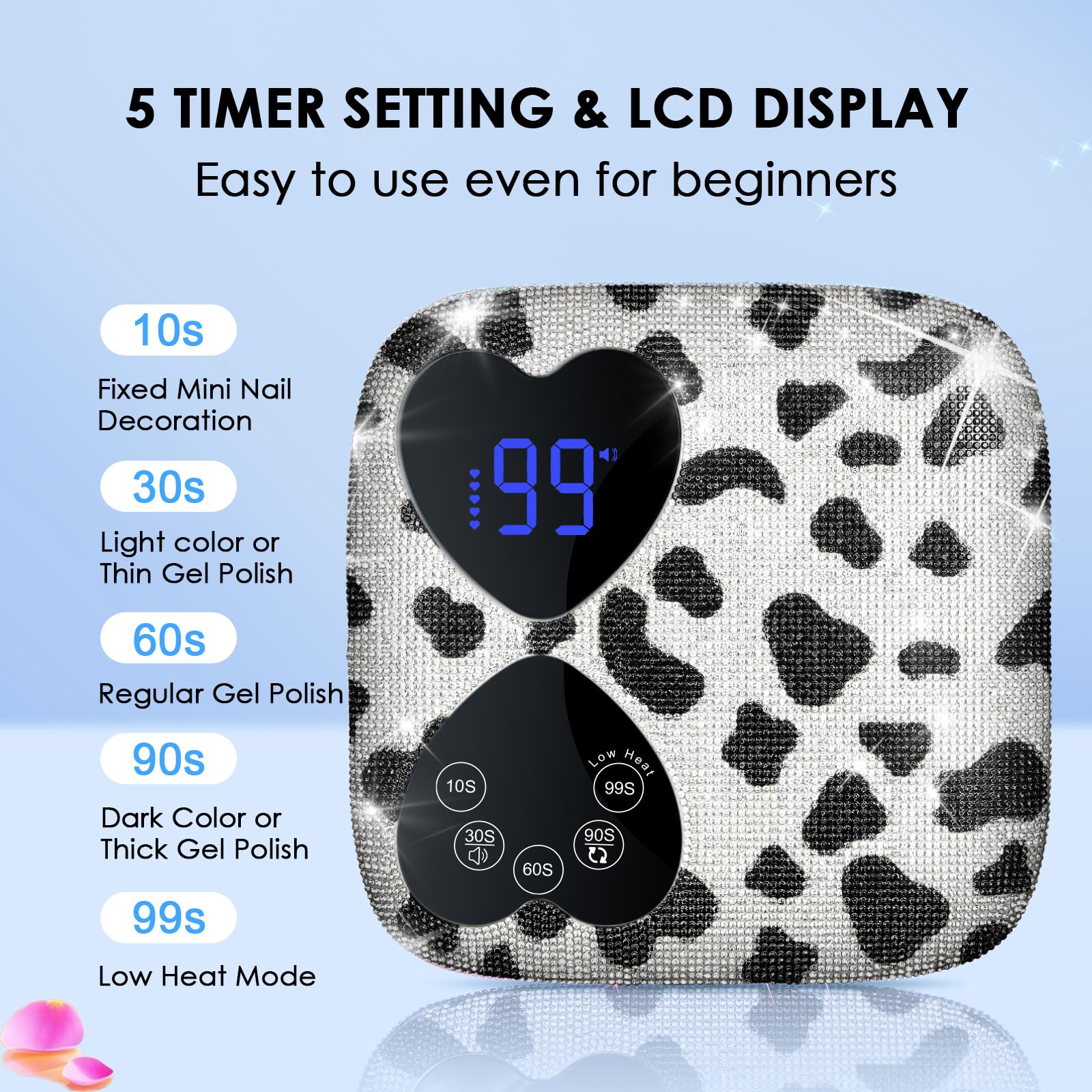 HUITINE 80W UV LED Nail Lamp Cordless – Cow Diamond, 5 Timers & Mirror Base
