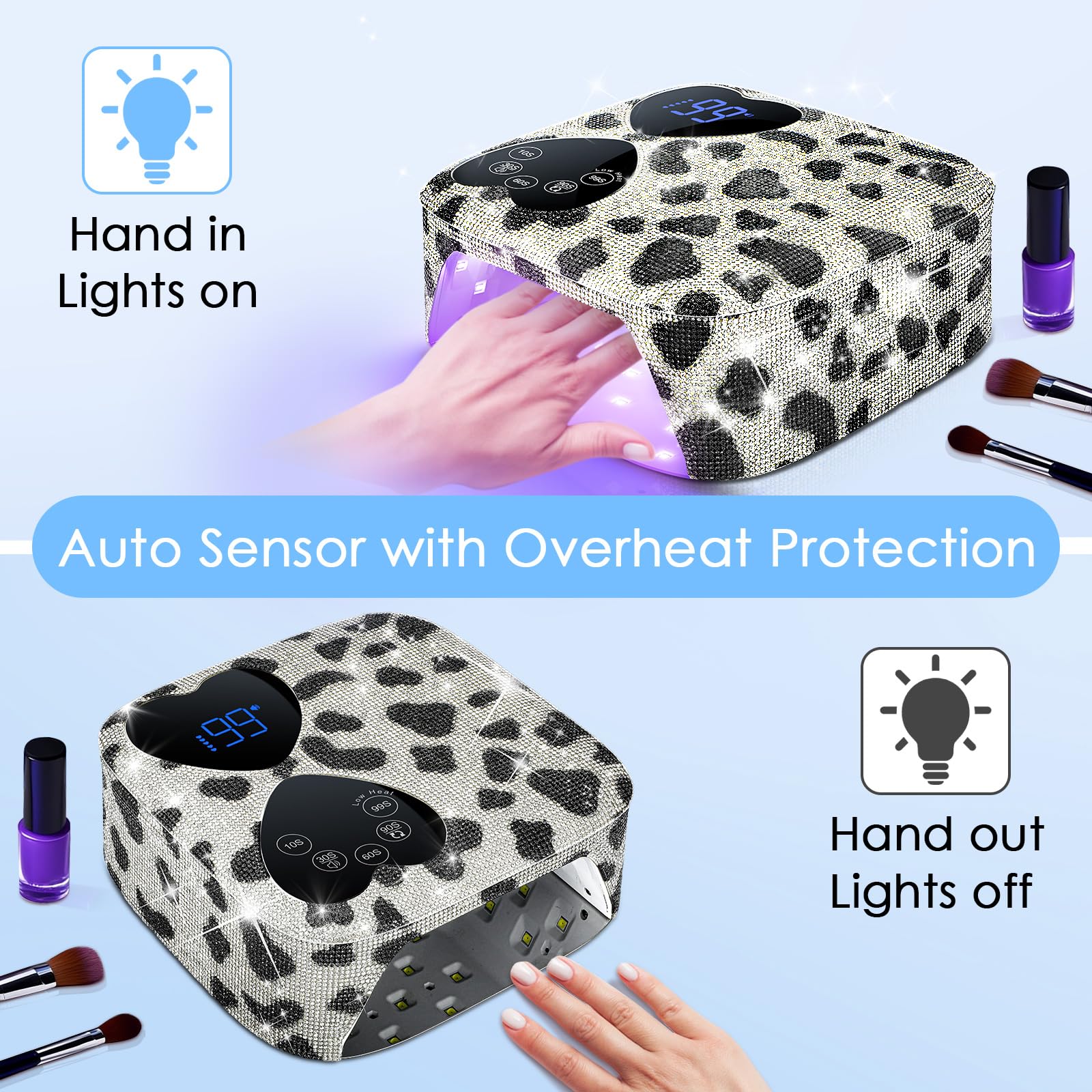 HUITINE 80W UV LED Nail Lamp Cordless – Cow Diamond, 5 Timers & Mirror Base