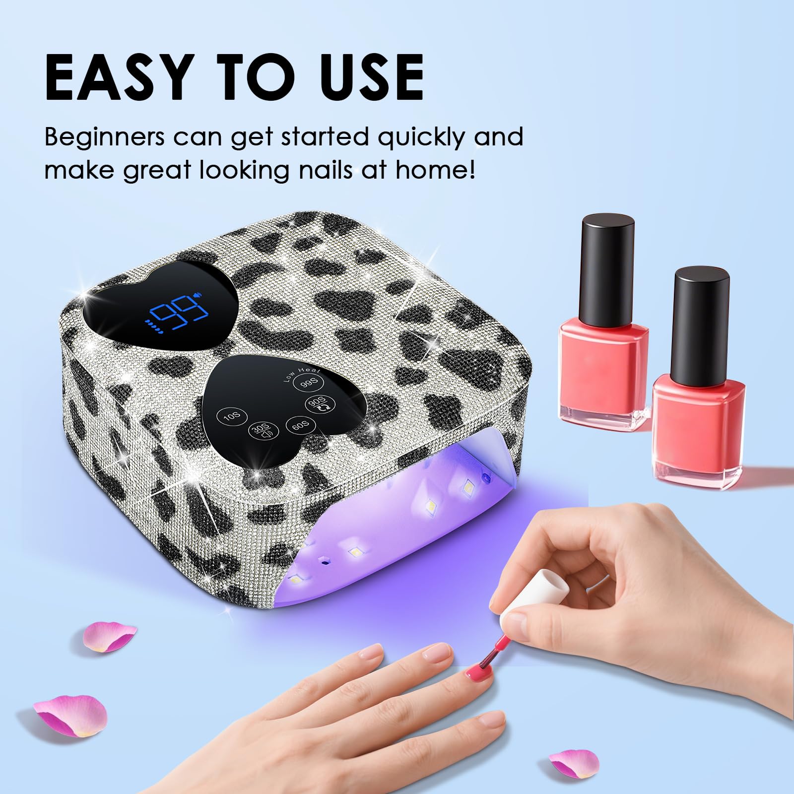 HUITINE 80W UV LED Nail Lamp Cordless – Cow Diamond, 5 Timers & Mirror Base