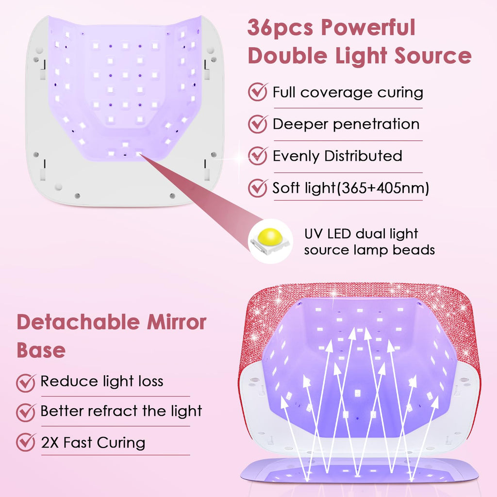 HUITINE 80W Cordless UV LED Nail Lamp with 5 Timers & Mirror Base | Pink Diamond