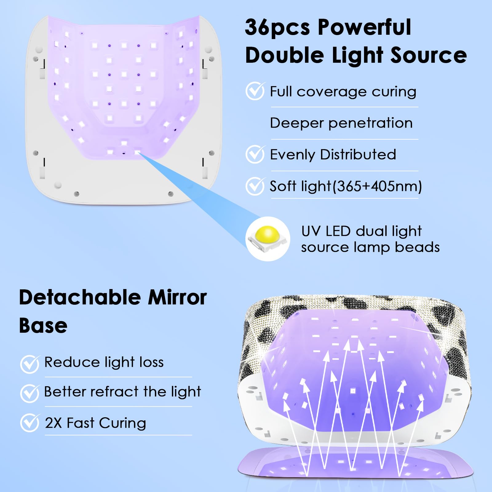 HUITINE 80W UV LED Nail Lamp Cordless – Cow Diamond, 5 Timers & Mirror Base