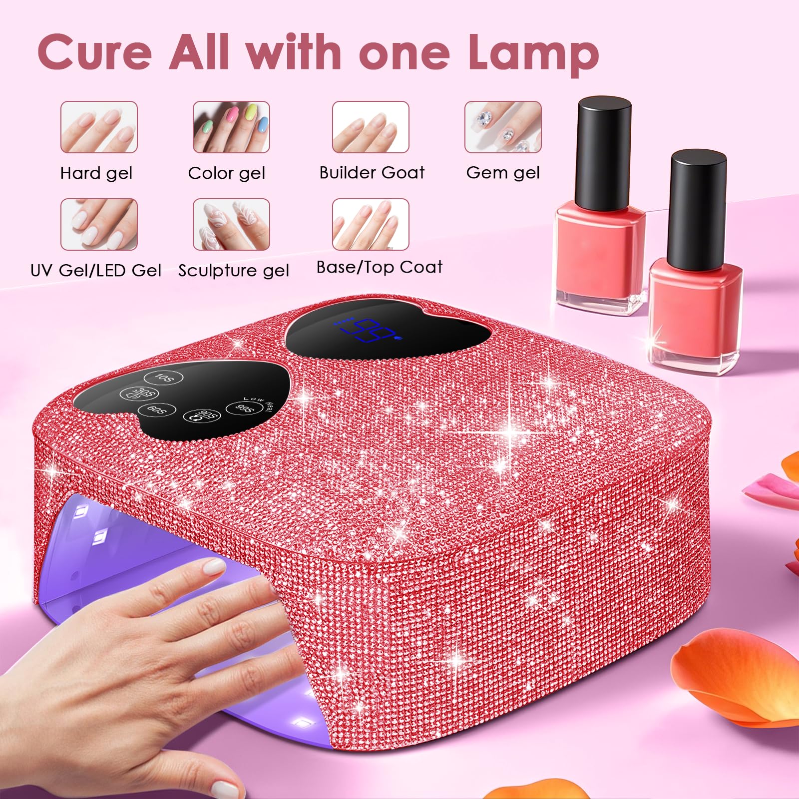 HUITINE 80W Cordless UV LED Nail Lamp with 5 Timers & Mirror Base | Pink Diamond