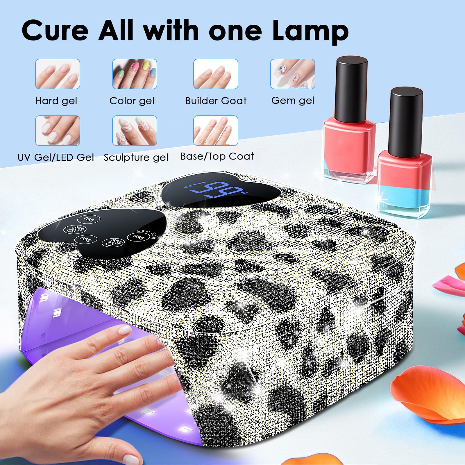 HUITINE 80W UV LED Nail Lamp Cordless – Cow Diamond, 5 Timers & Mirror Base