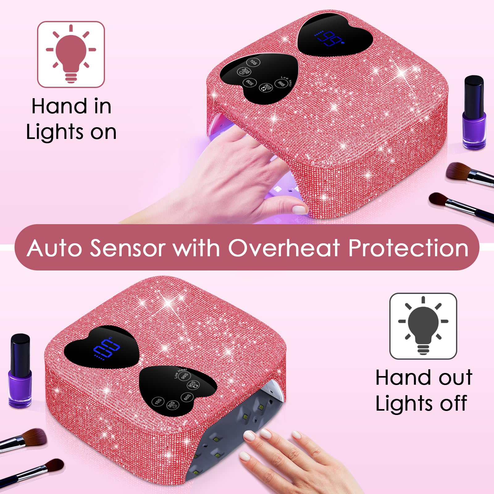 HUITINE 80W Cordless UV LED Nail Lamp with 5 Timers & Mirror Base | Pink Diamond