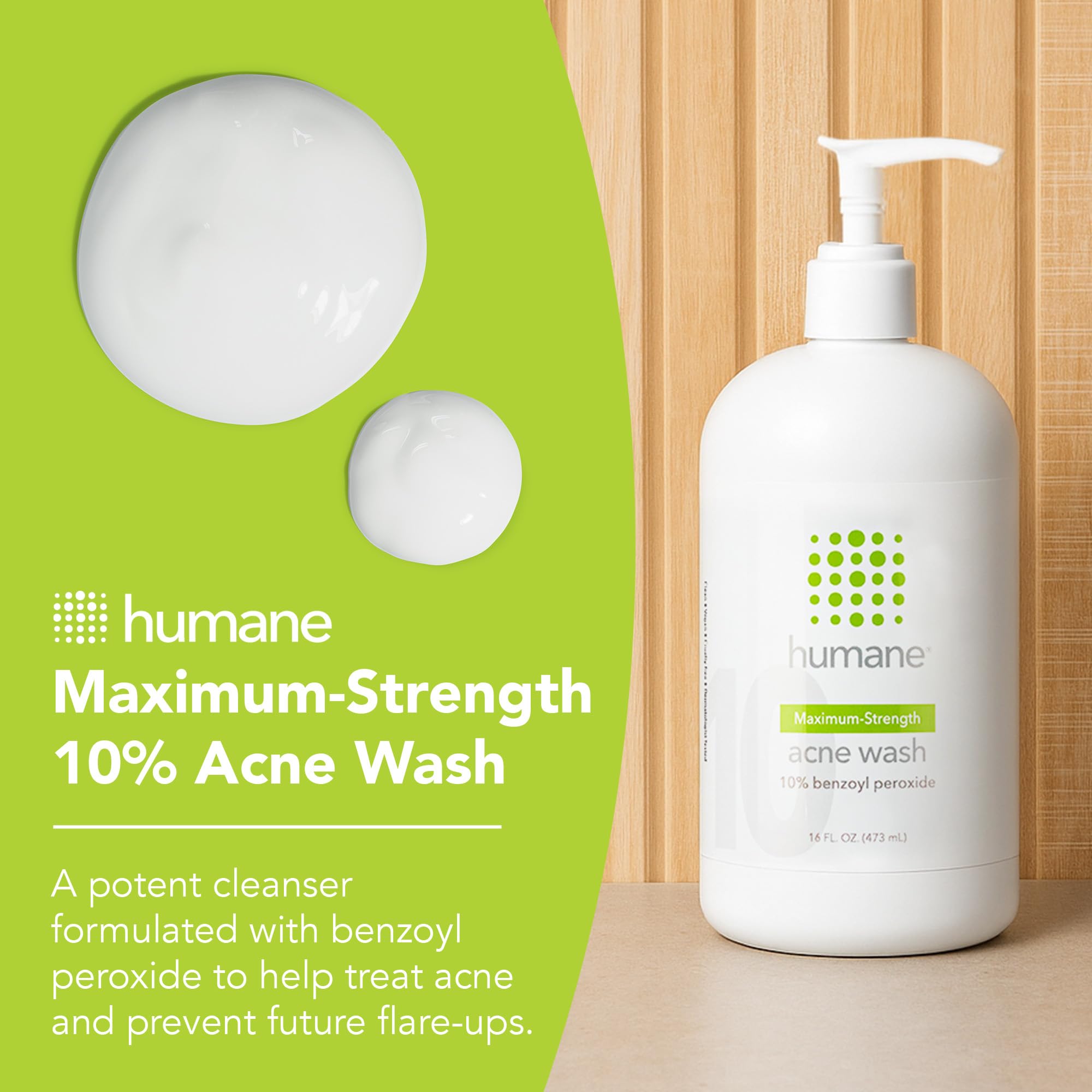 Humane 10% Benzoyl Peroxide Acne Body Wash – Maximum-Strength Face, Back & Body Cleanser (16 oz)