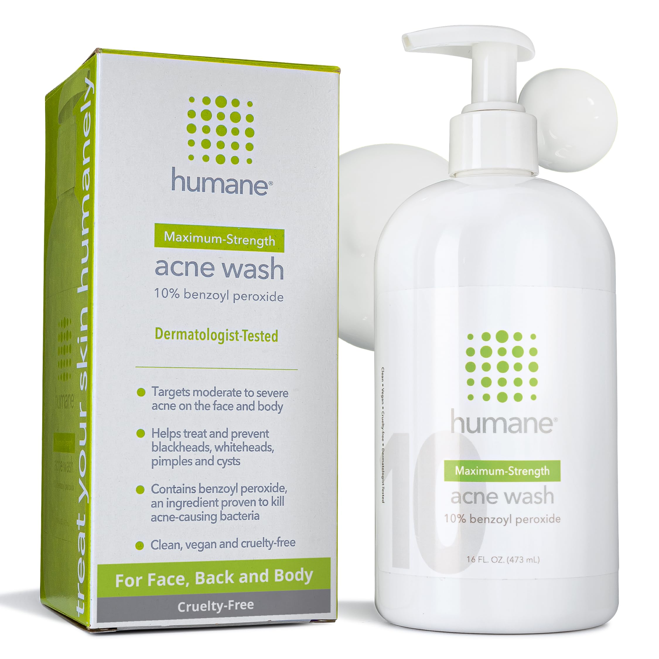 Humane 10% Benzoyl Peroxide Acne Body Wash – Maximum-Strength Face, Back & Body Cleanser (16 oz)