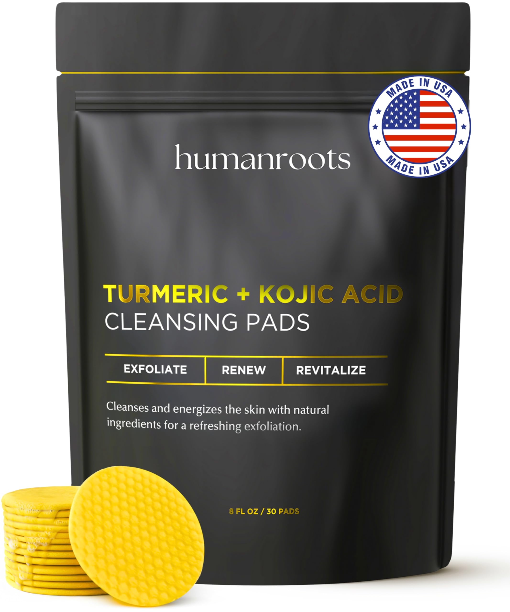 Humanroots Turmeric Kojic Acid Cleansing Pads – Exfoliating Facial Pads with Vitamin C (30 Pads)