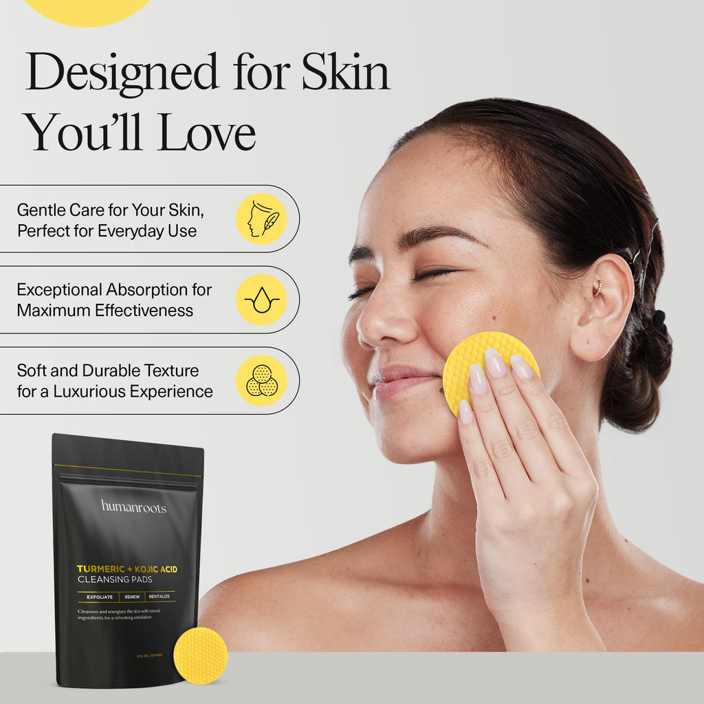 Humanroots Turmeric Kojic Acid Cleansing Pads – Exfoliating Facial Pads with Vitamin C (30 Pads)