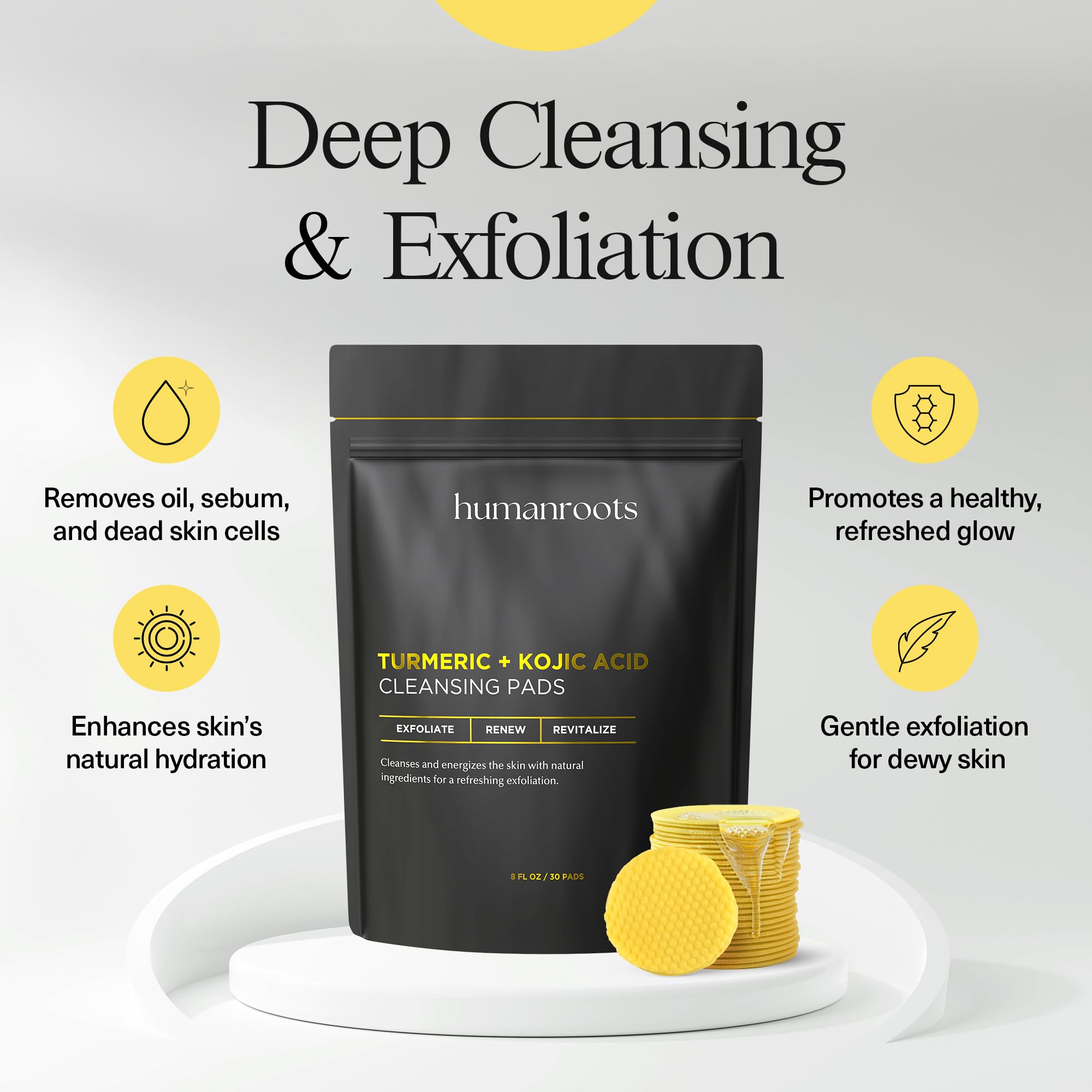 Humanroots Turmeric Kojic Acid Cleansing Pads – Exfoliating Facial Pads with Vitamin C (30 Pads)