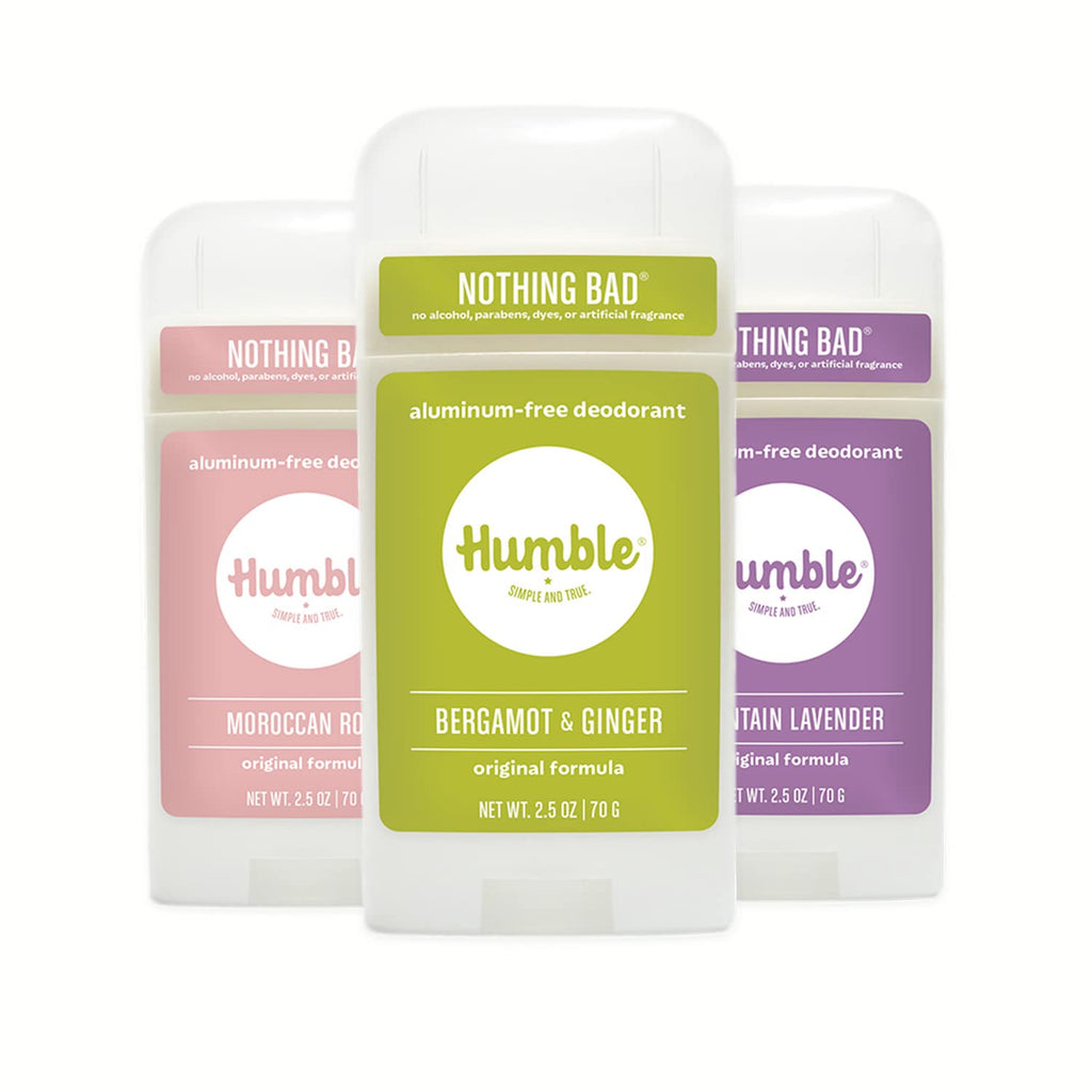 HUMBLE Aluminum-Free Deodorant Stick — Subtle Citrus, Bergamot Ginger, Mountain Lavender, Moroccan Rose | Pack of 3