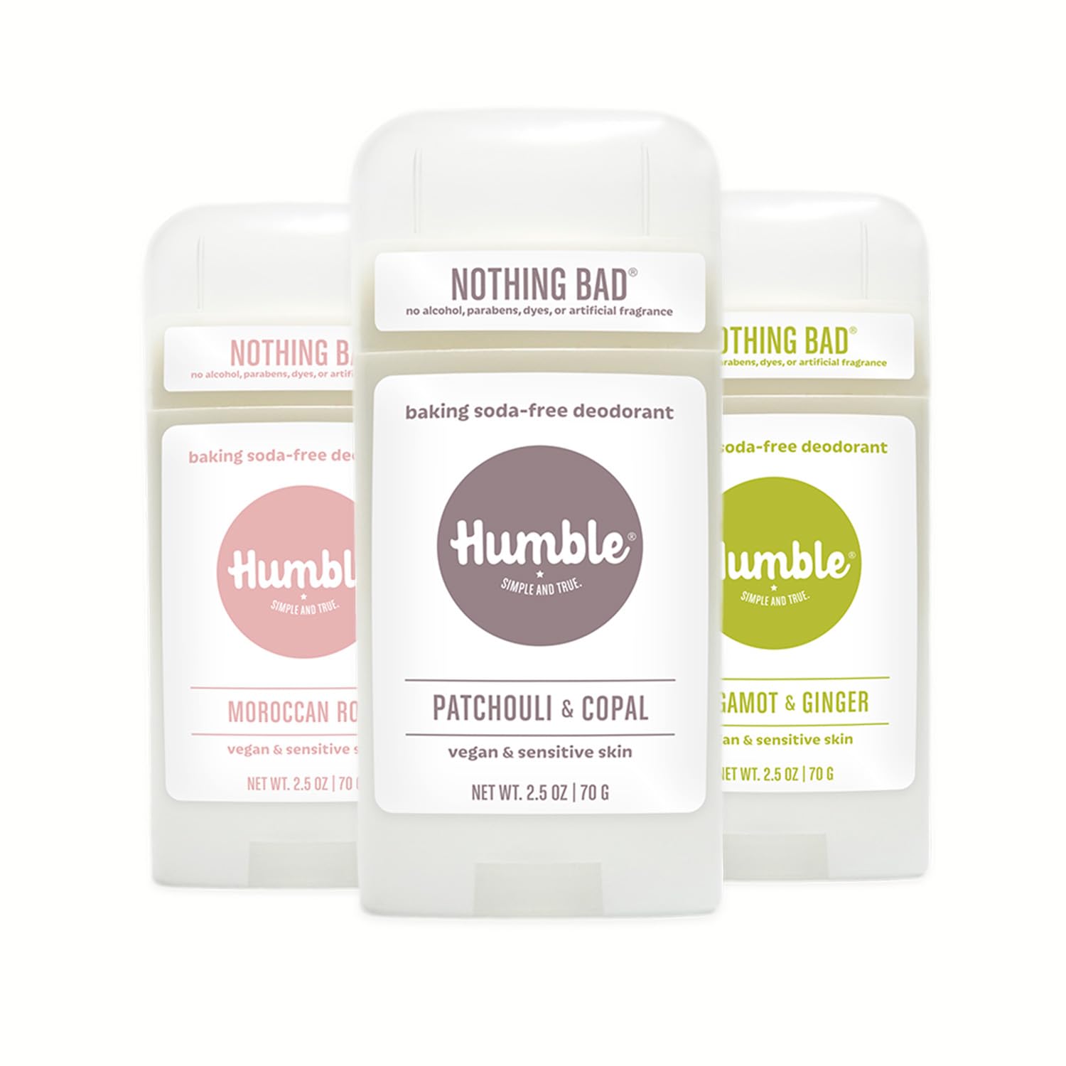 Humble Brands Aluminum-Free Deodorant – Vegan, Cruelty-Free, Sensitive Skin Formula – Patchouli Copal, Bergamot Ginger, Moroccan Rose – 2.5 oz x3