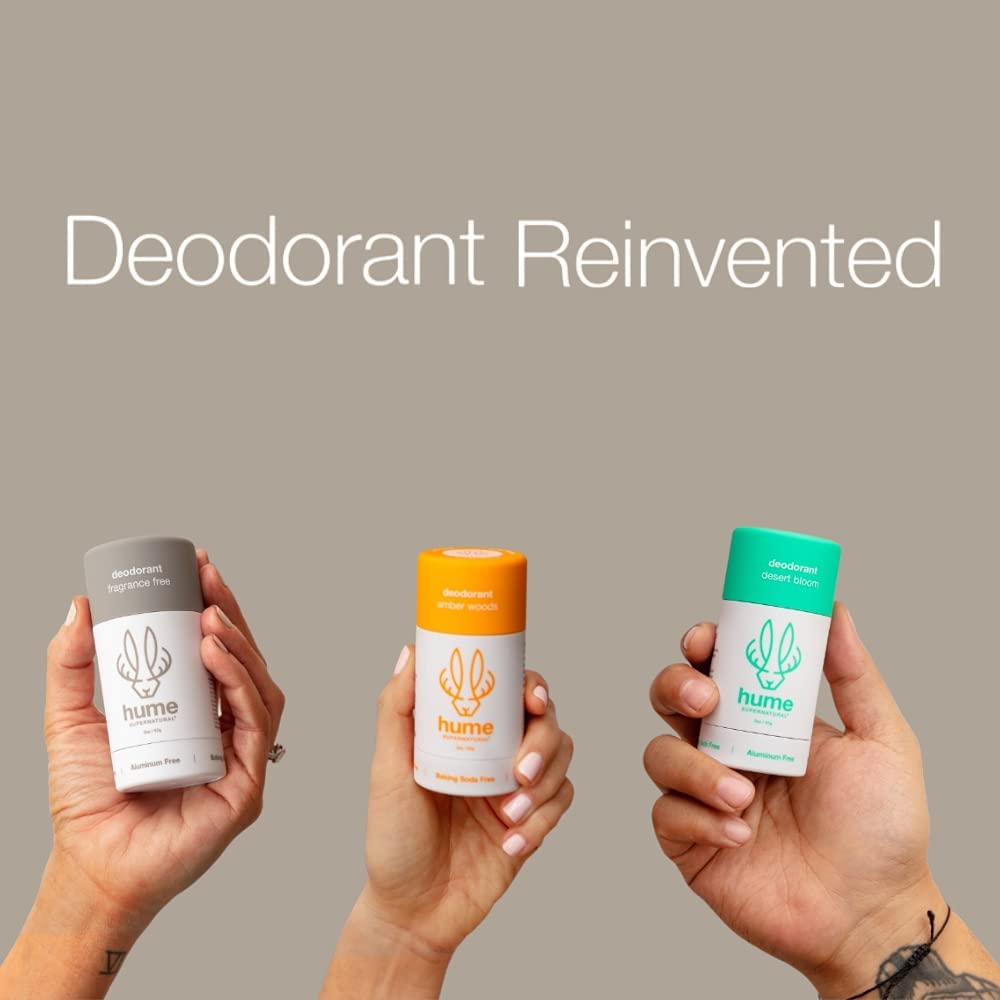 HUME SUPERNATURAL Aluminum Free Deodorant for Women & Men – Probiotic, Plant-Based, Amber Woods – 3-Pack