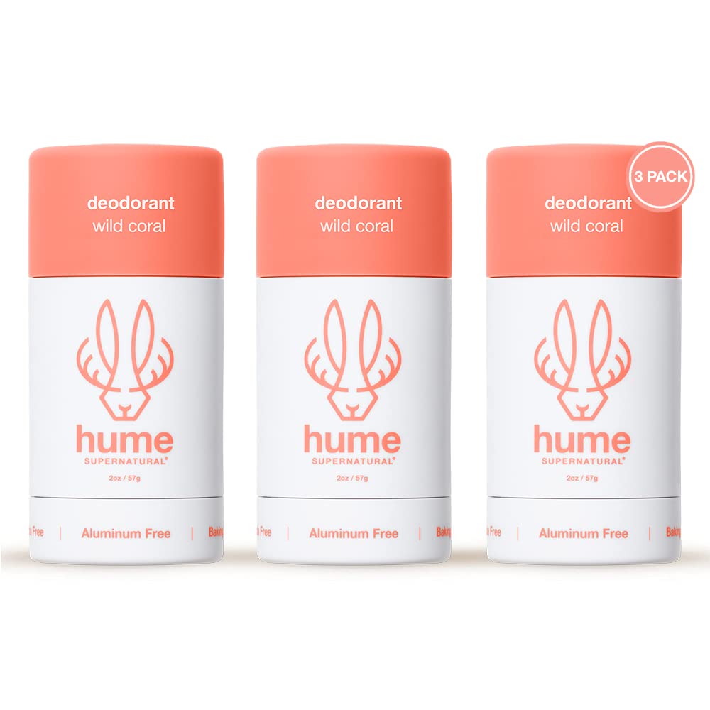 Hume Supernatural Aluminum Free Deodorant for Sensitive Skin with Probiotics – Wild Coral 3-Pack