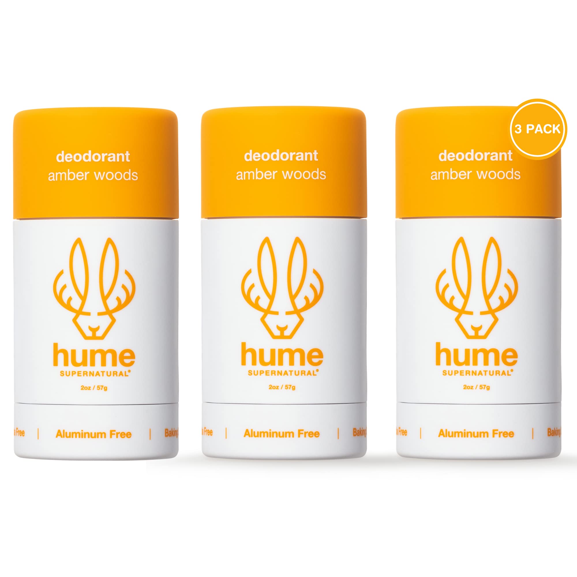 HUME SUPERNATURAL Aluminum Free Deodorant for Women & Men – Probiotic, Plant-Based, Amber Woods – 3-Pack