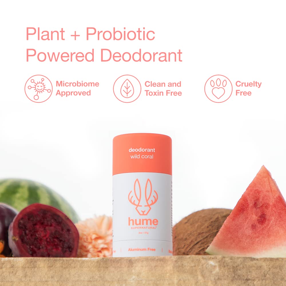 Hume Supernatural Aluminum Free Deodorant for Sensitive Skin with Probiotics – Wild Coral 3-Pack