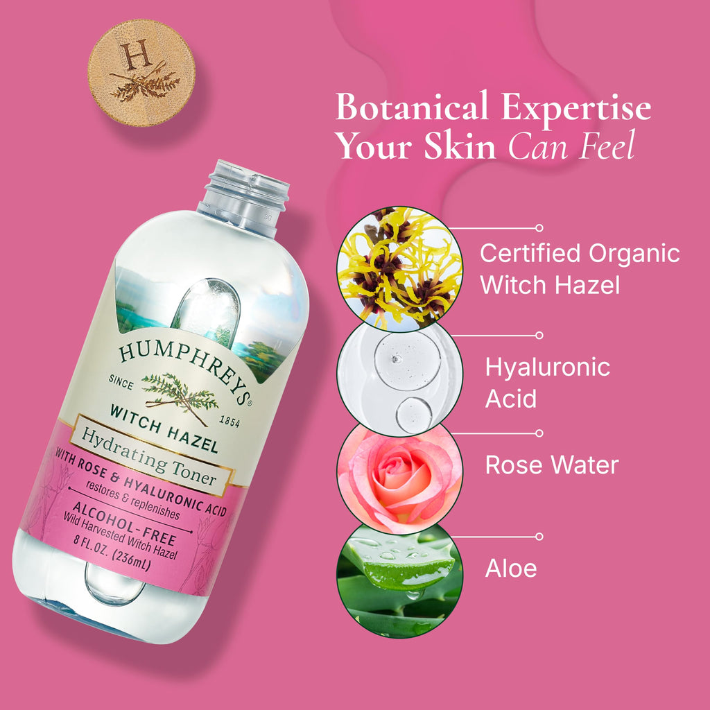 Humphreys Witch Hazel Hydrating Toner | Alcohol-Free, Rose & Hyaluronic | 8 Oz