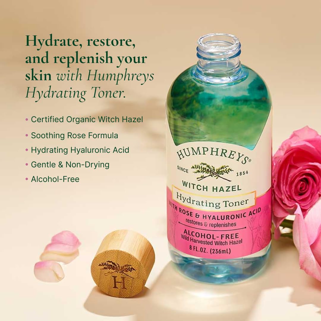 Humphreys Witch Hazel Hydrating Toner | Alcohol-Free, Rose & Hyaluronic | 8 Oz