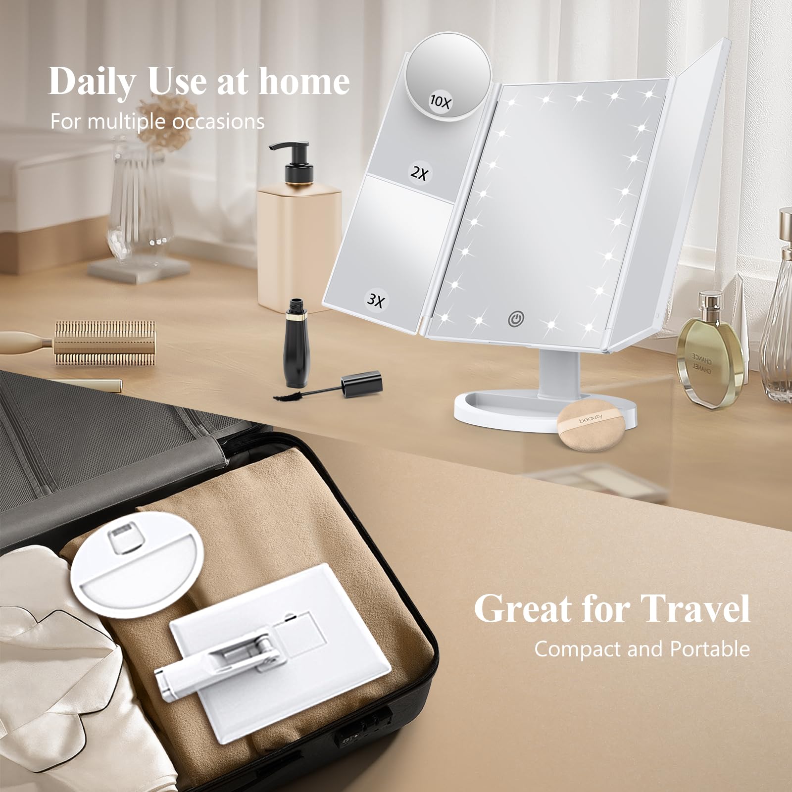 HUONUL Makeup Mirror with Lights – 2X/3X/10X Magnification, Touch Control, Trifold Vanity