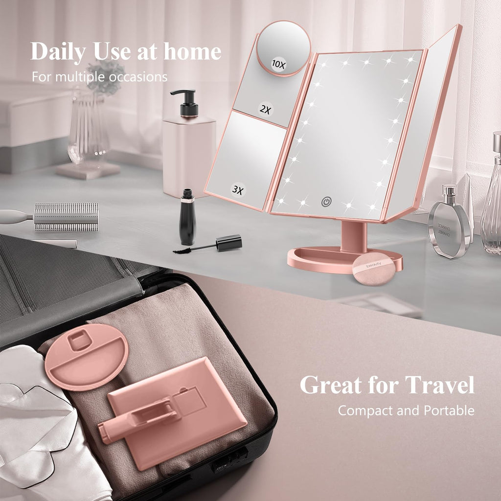 HUONUL Makeup Mirror with Lights — 2X/3X/10X Magnification, Touch Control, Trifold Vanity