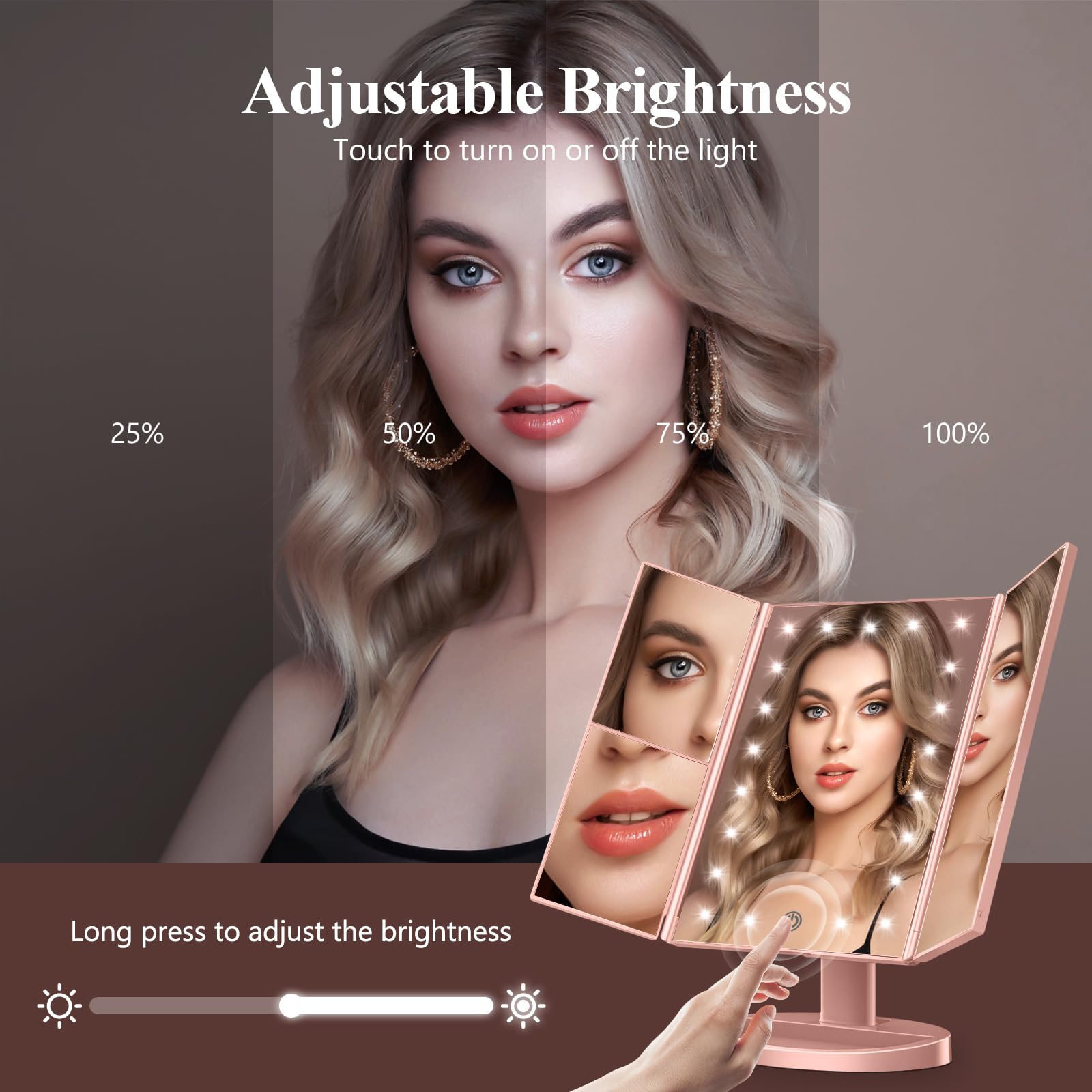 HUONUL Makeup Mirror with Lights — 2X/3X/10X Magnification, Touch Control, Trifold Vanity