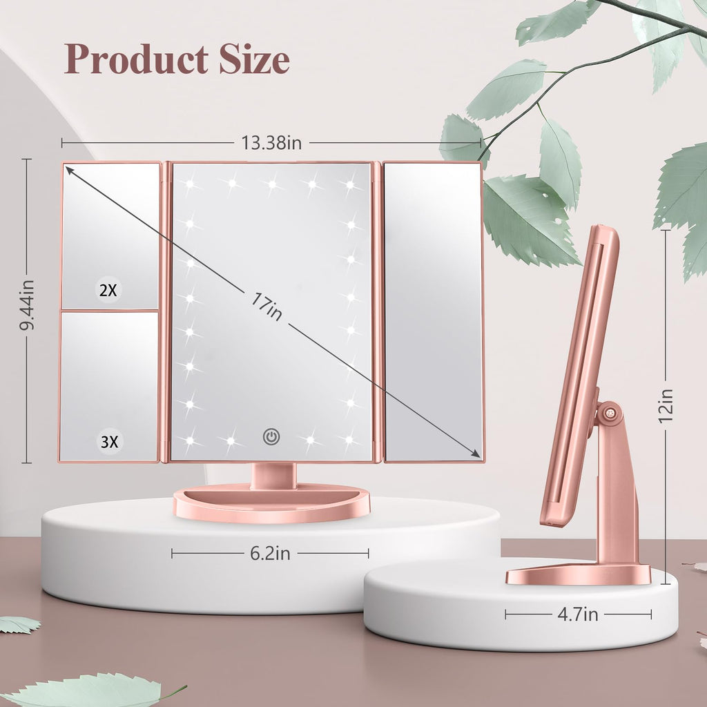 HUONUL Makeup Mirror with Lights — 2X/3X/10X Magnification, Touch Control, Trifold Vanity