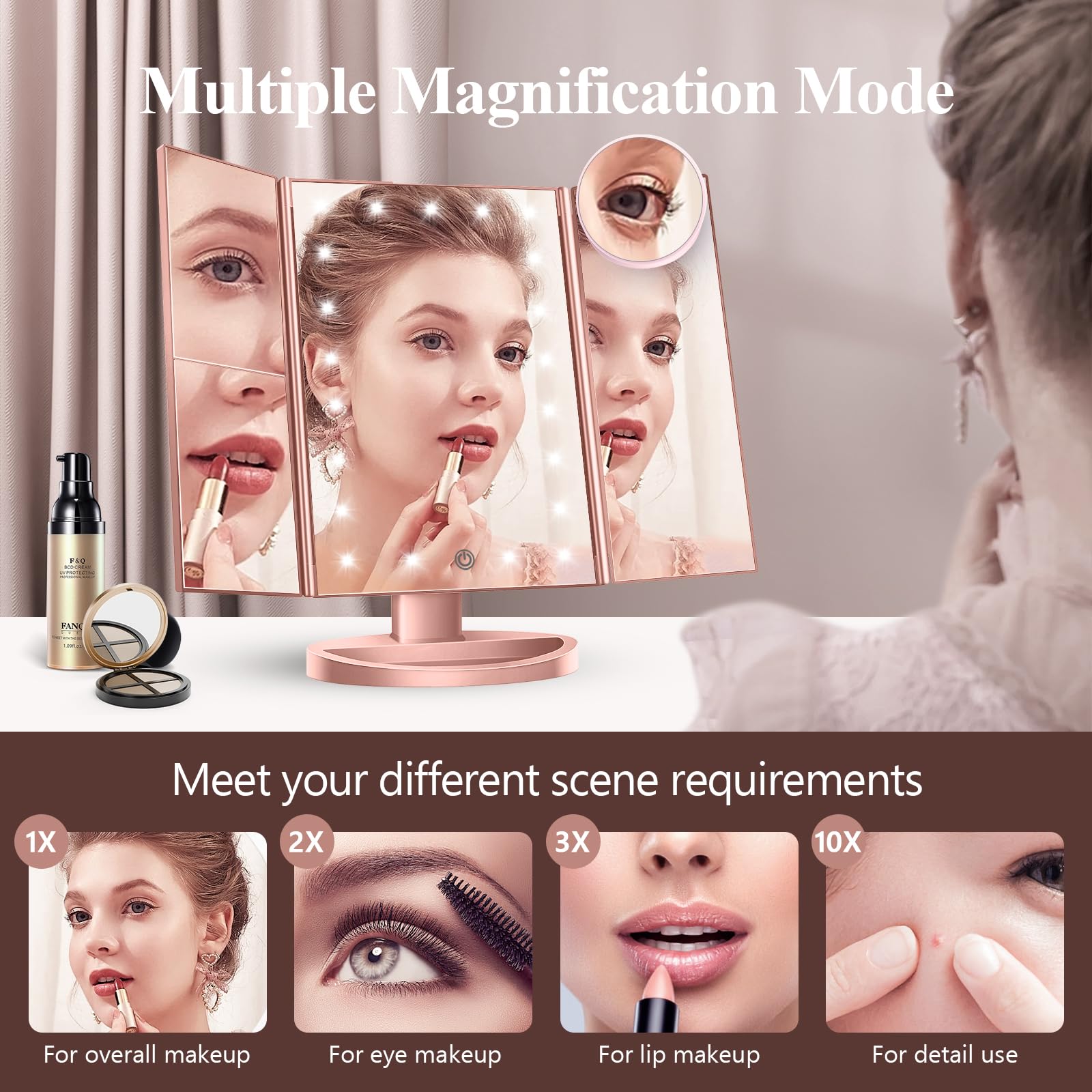 HUONUL Makeup Mirror with Lights — 2X/3X/10X Magnification, Touch Control, Trifold Vanity