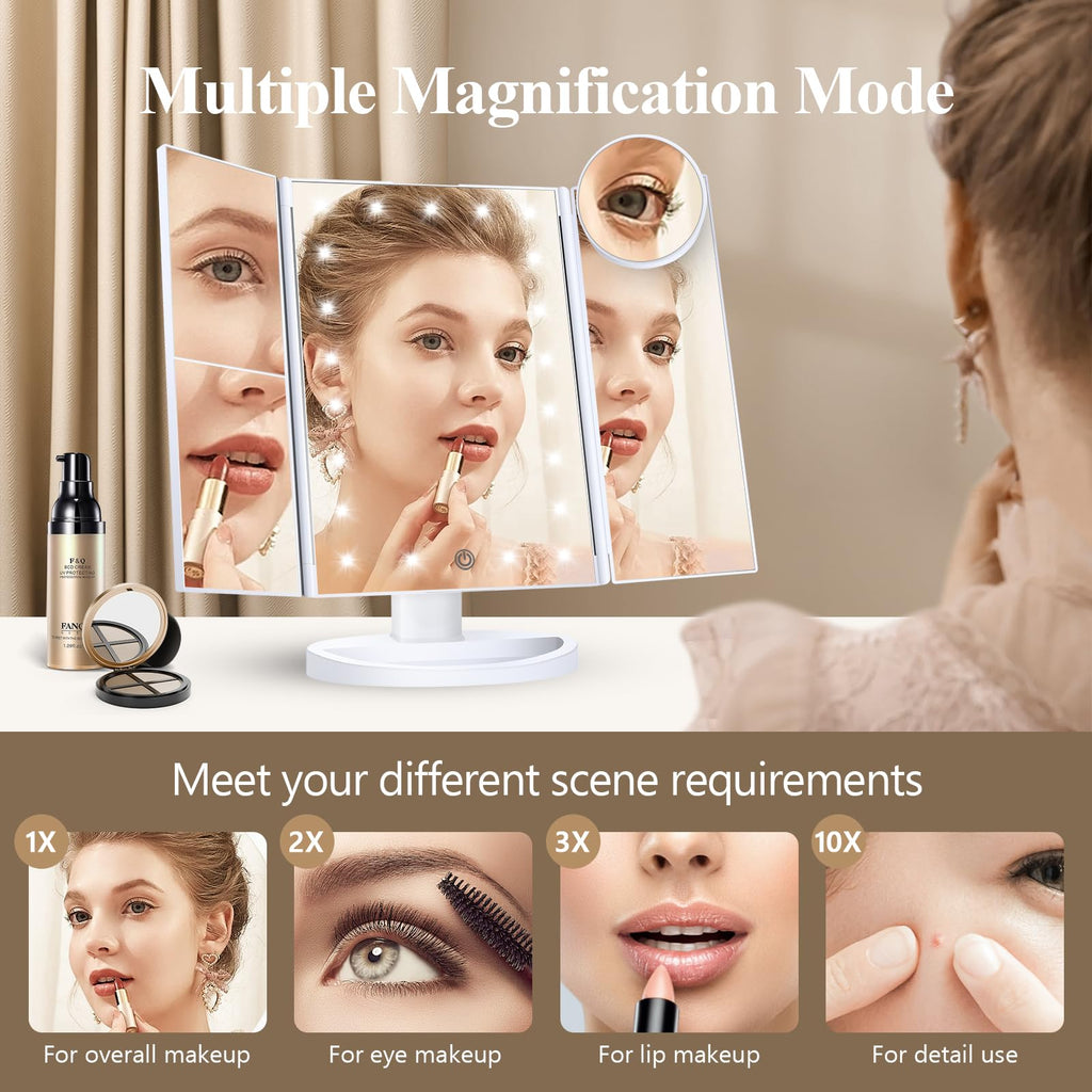 HUONUL Makeup Mirror with Lights – 2X/3X/10X Magnification, Touch Control, Trifold Vanity