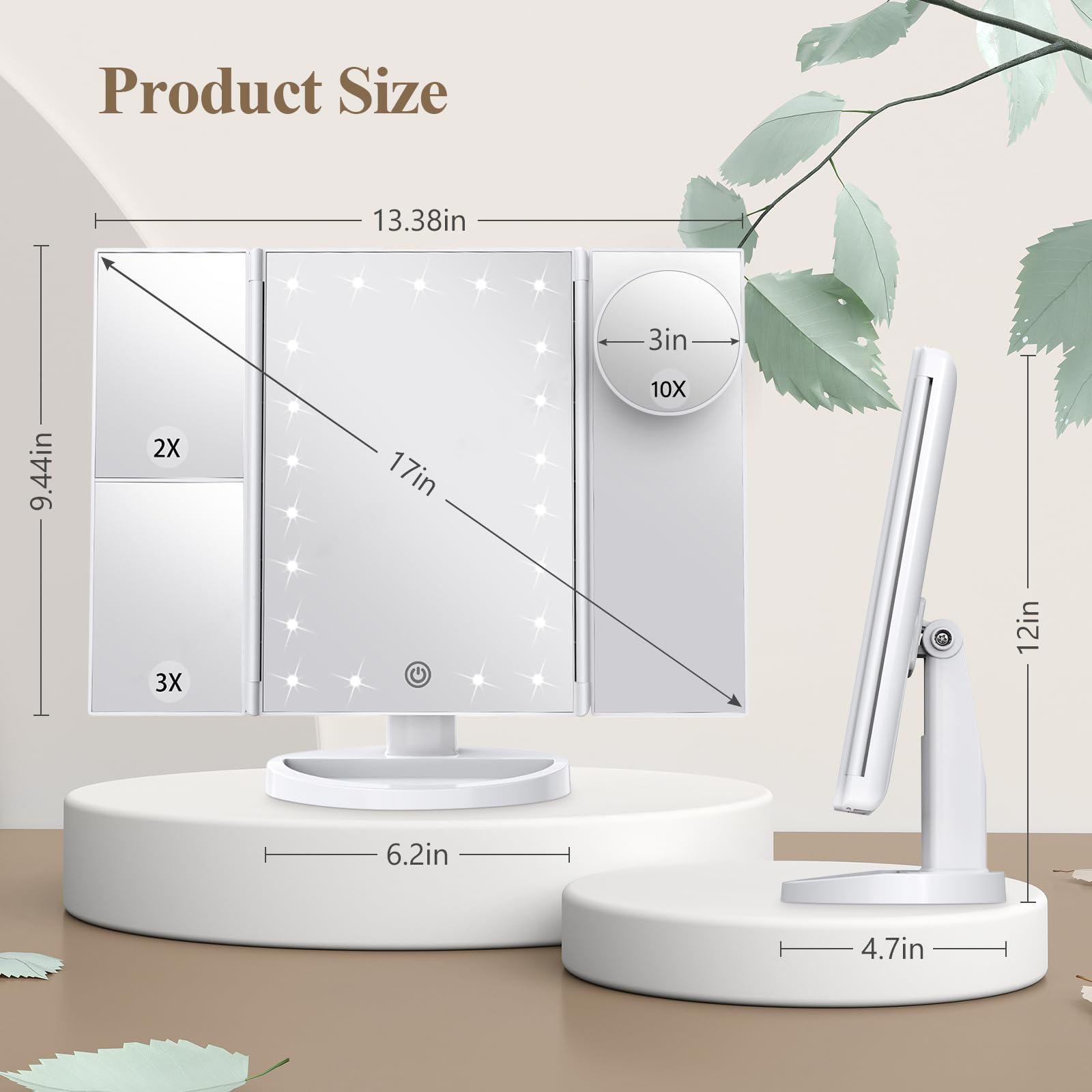 HUONUL Makeup Mirror with Lights – 2X/3X/10X Magnification, Touch Control, Trifold Vanity